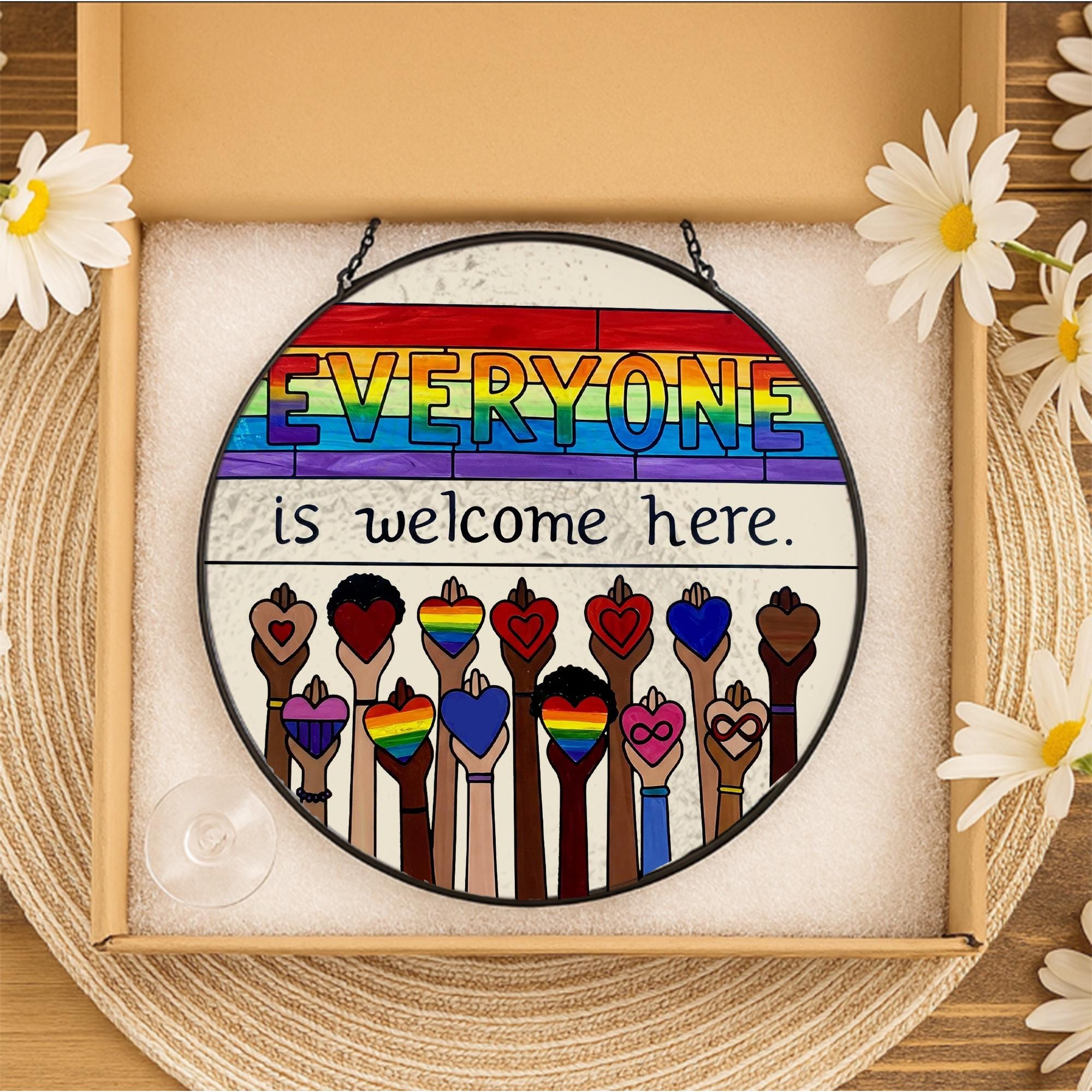 Everyone Is Welcome Here LGBT Suncatcher, Rainbow Pride Glass Decor, Inclusive Home Decor, LGBTQ Window Hanging, Equality Gift, Pride Month