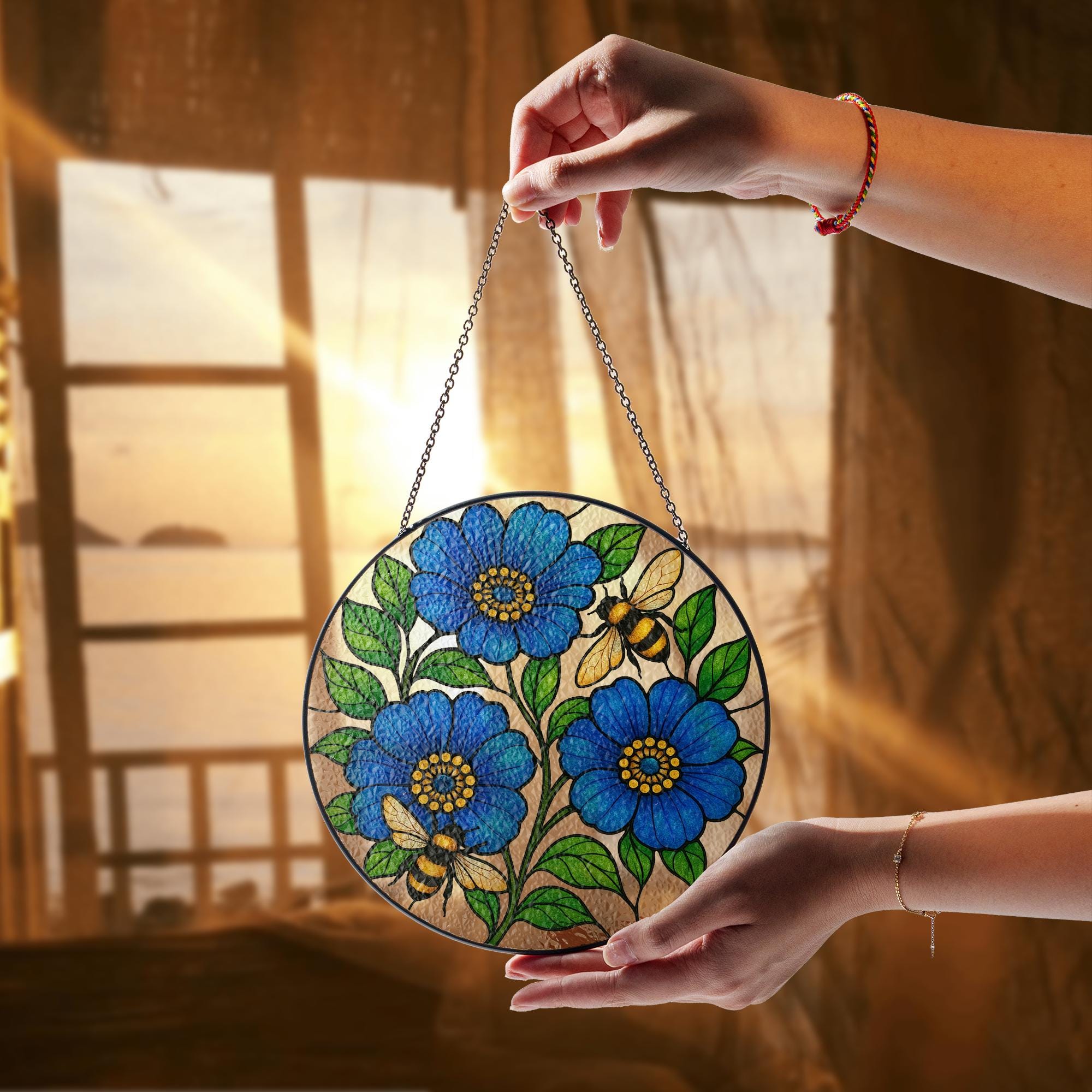 Blue Flower and Bee Glass Suncatcher – Vibrant Round Window Hanging, Garden Decor, Stained Glass Bee Art, Nature-Inspired Gift, Gift For Mom