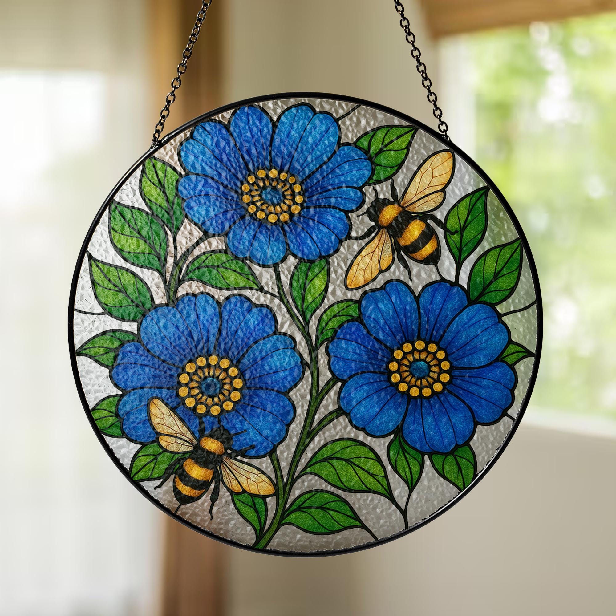 Blue Flower and Bee Glass Suncatcher – Vibrant Round Window Hanging, Garden Decor, Stained Glass Bee Art, Nature-Inspired Gift, Gift For Mom