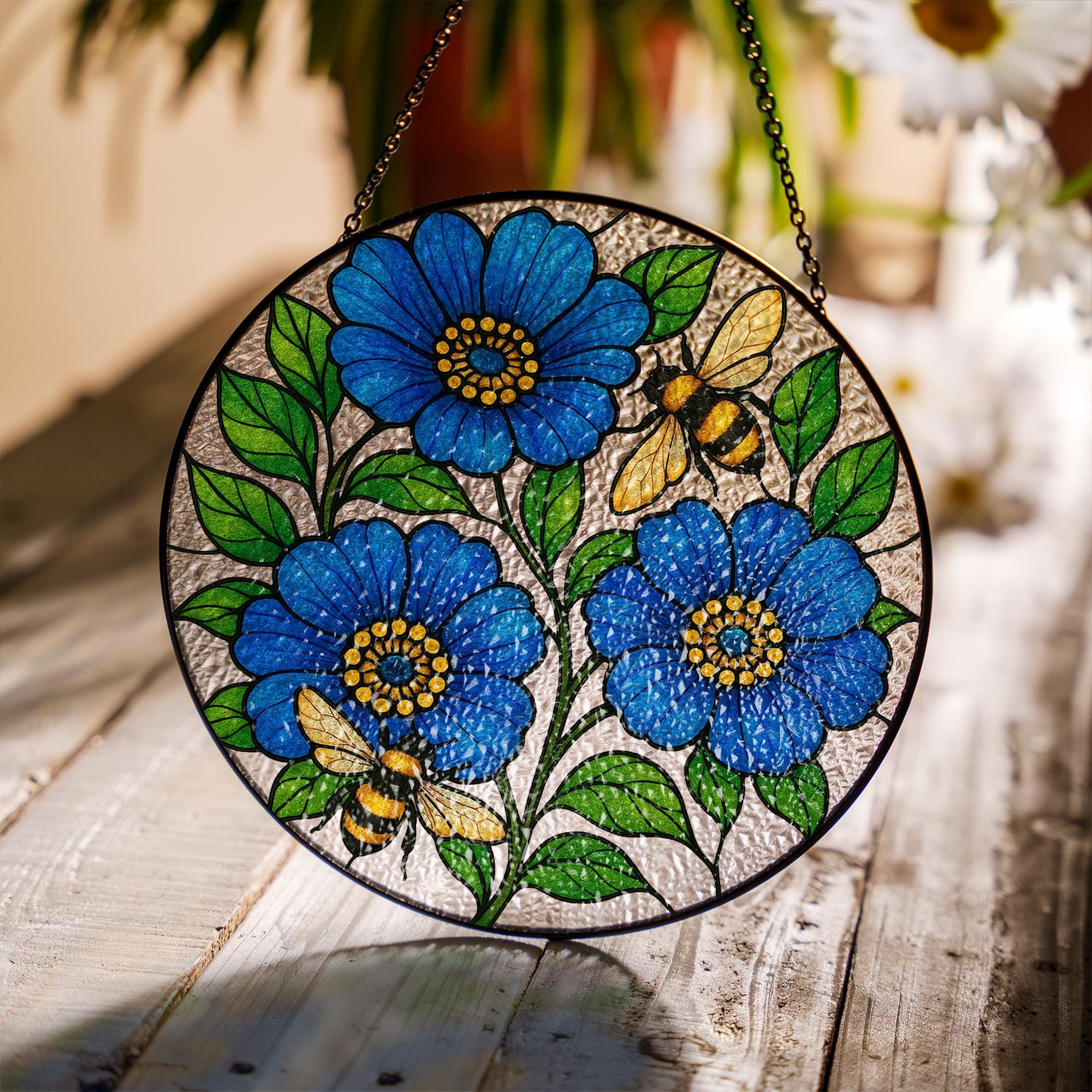 Blue Flower and Bee Glass Suncatcher – Vibrant Round Window Hanging, Garden Decor, Stained Glass Bee Art, Nature-Inspired Gift, Gift For Mom