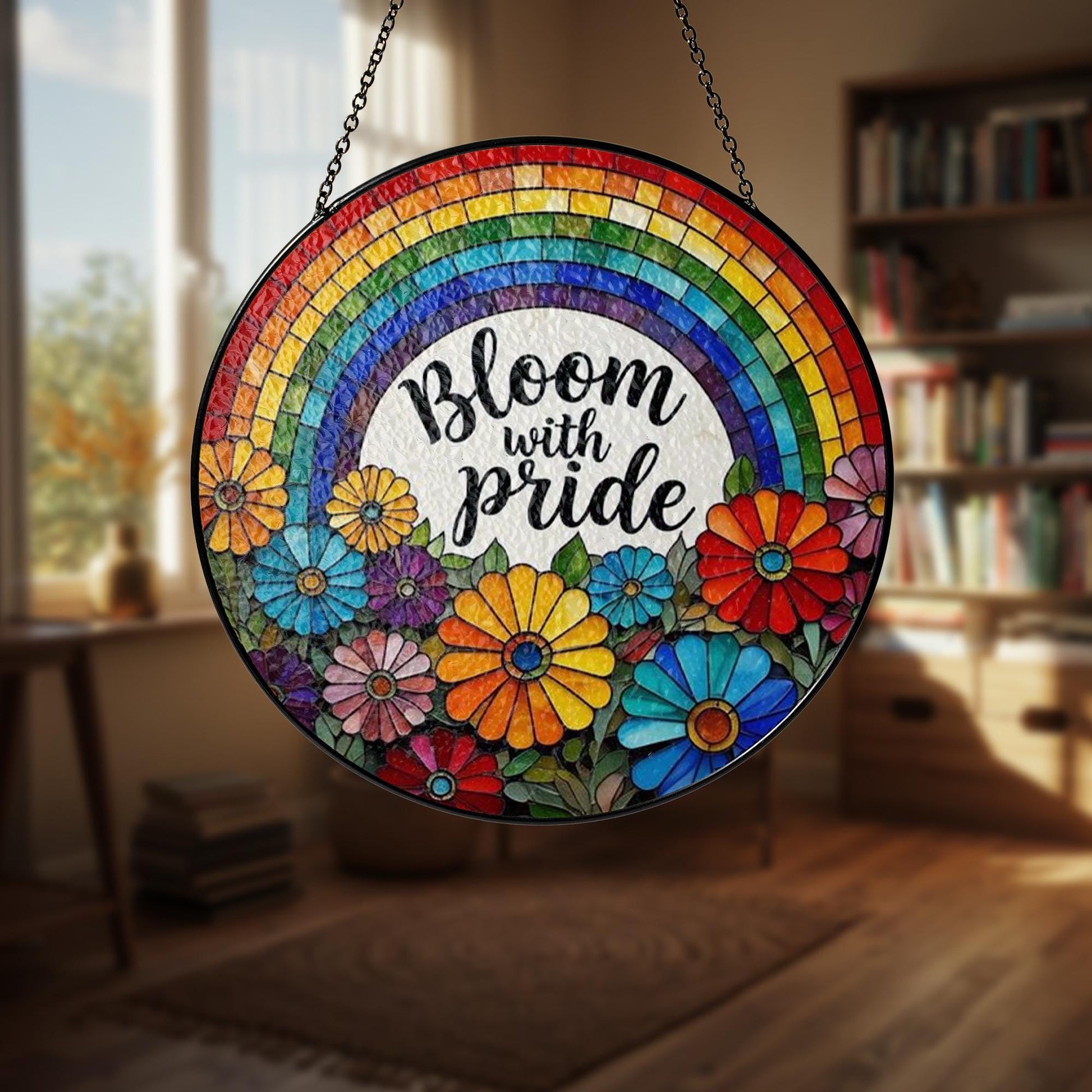 Floral Pride GLASS Suncatcher, Bloom with Pride Window Decor, Rainbow Flower LGBTQ Gift, Colorful Hanging Art, Pride Gift, Pride Decor