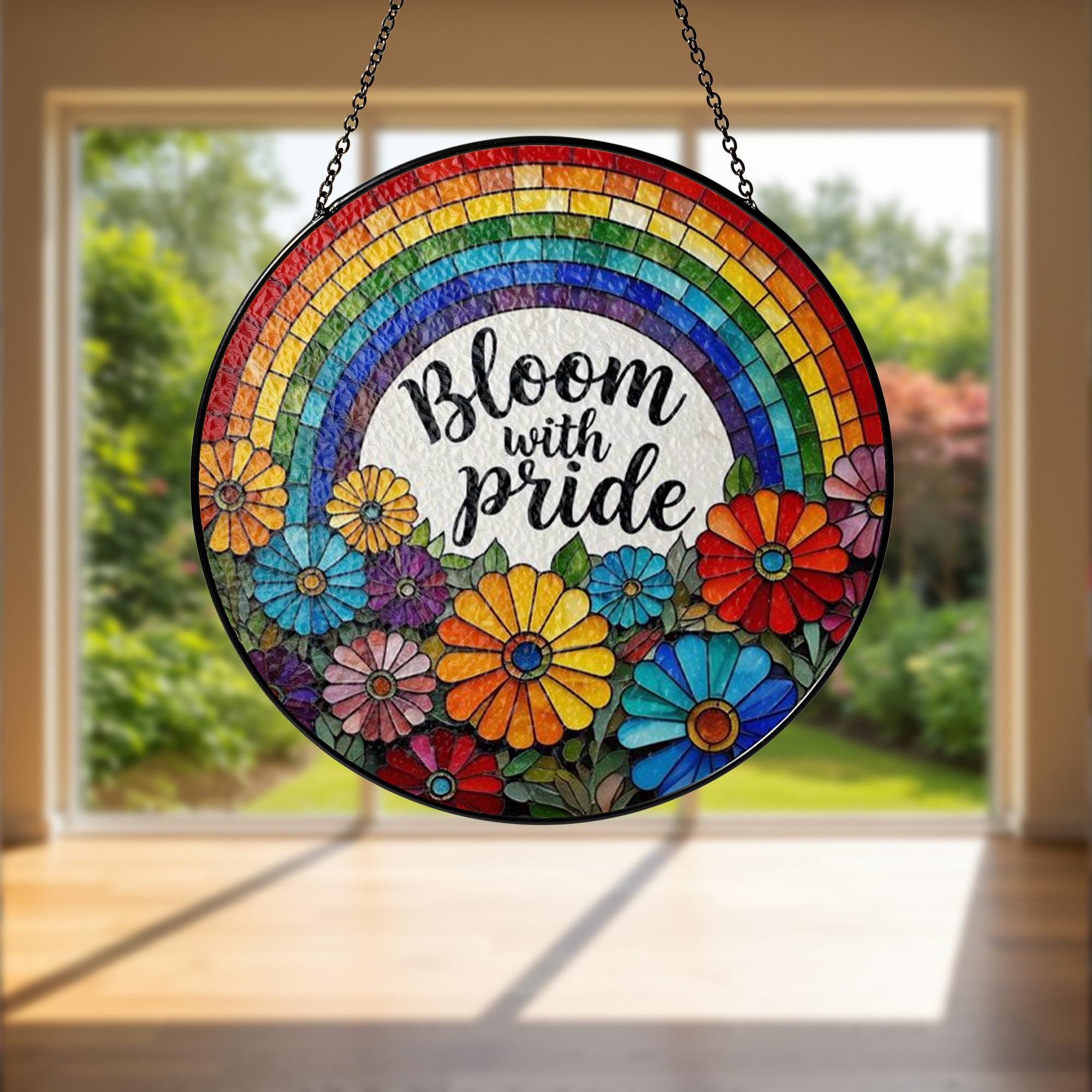 Floral Pride GLASS Suncatcher, Bloom with Pride Window Decor, Rainbow Flower LGBTQ Gift, Colorful Hanging Art, Pride Gift, Pride Decor