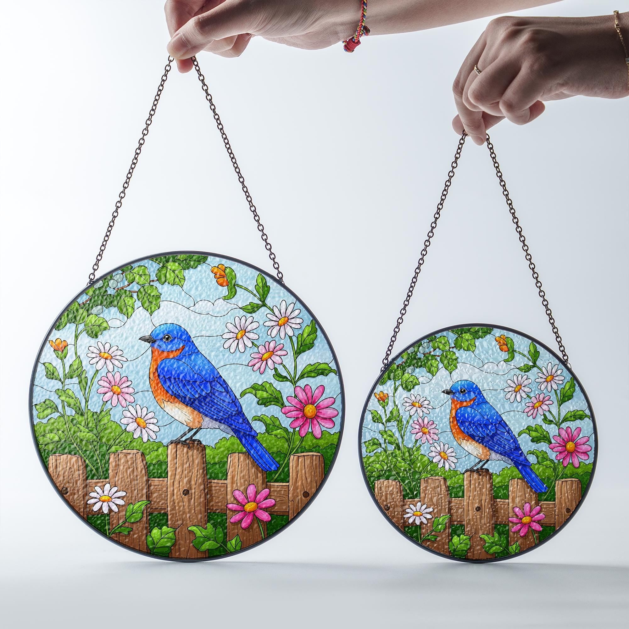 Bluebird on Fence Glass Suncatcher – Colorful Floral Garden Window Hanging, Spring Bird Decor, Garden Decor, Nature-Inspired, Gift For Mom