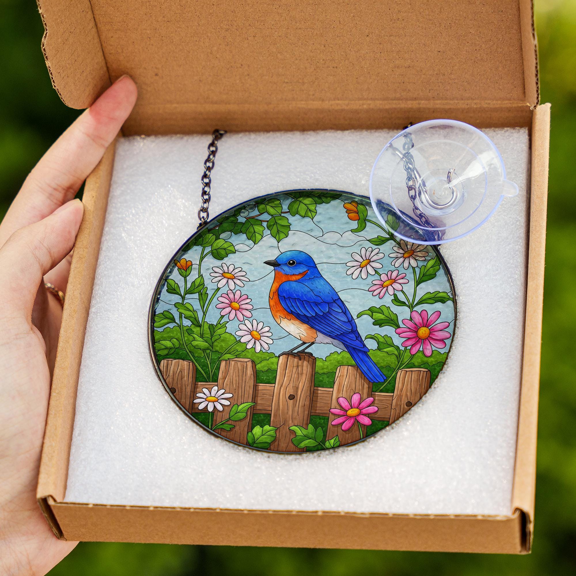 Bluebird on Fence Glass Suncatcher – Colorful Floral Garden Window Hanging, Spring Bird Decor, Garden Decor, Nature-Inspired, Gift For Mom