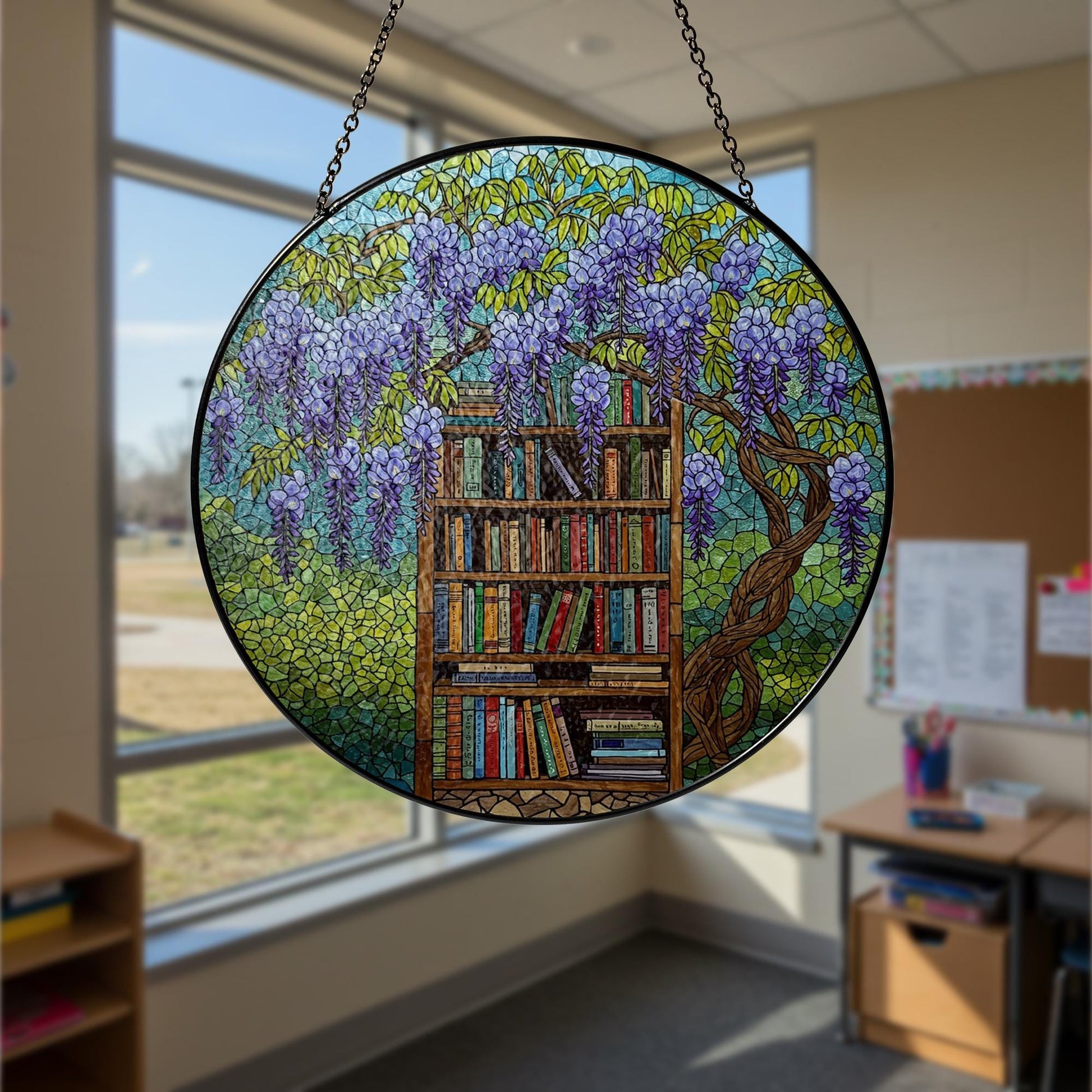 Bookshelf Under Wisteria GLASS Suncatcher, Nature Book Lover Gift, Library Window Hanging, Literary Floral Home Decor, Reading Lover Gift