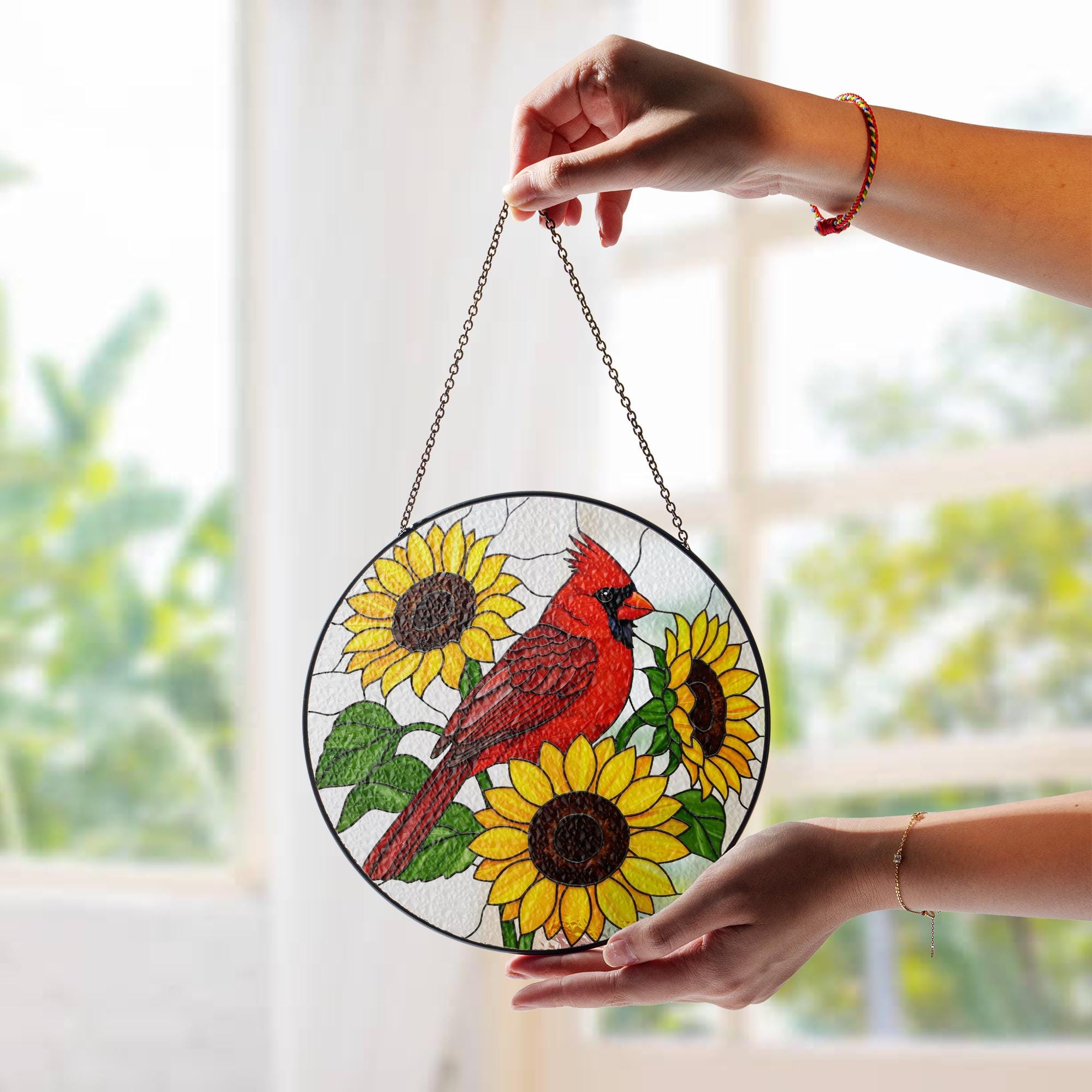 Cardinal and Sunflowers Glass Suncatcher – Vibrant Red Bird Window Hanging, Nature Glass Decor, Summer Garden Gift Idea, Gift For Mom