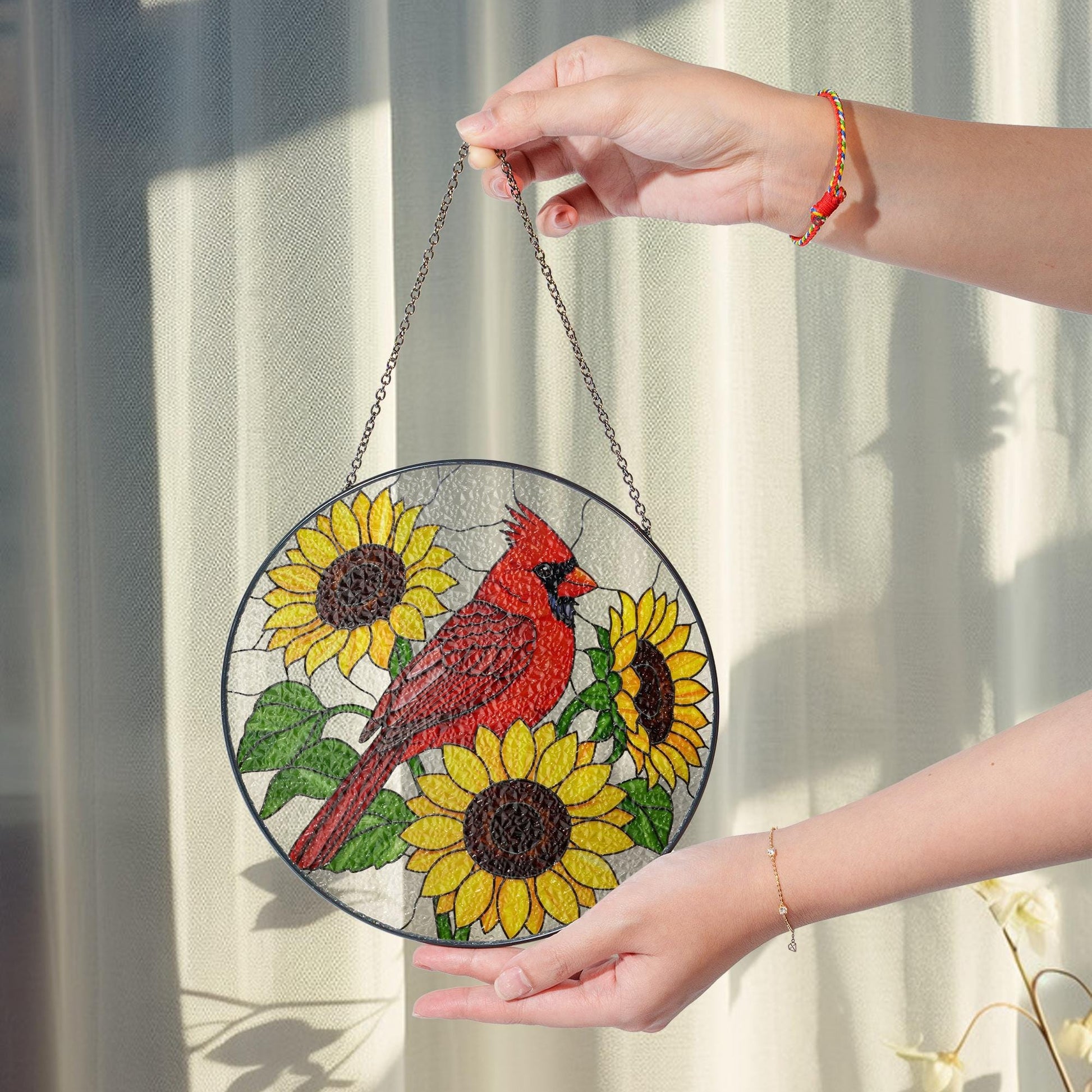 Cardinal and Sunflowers Glass Suncatcher – Vibrant Red Bird Window Hanging, Nature Glass Decor, Summer Garden Gift Idea, Gift For Mom