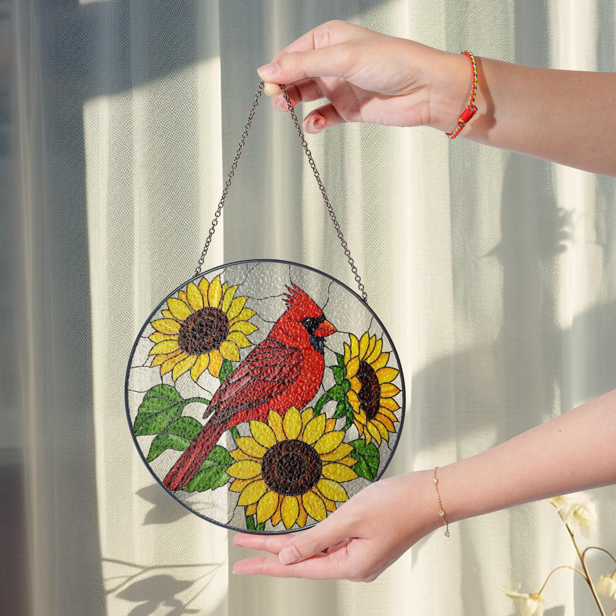 Cardinal and Sunflowers Glass Suncatcher – Vibrant Red Bird Window Hanging, Nature Glass Decor, Summer Garden Gift Idea, Gift For Mom