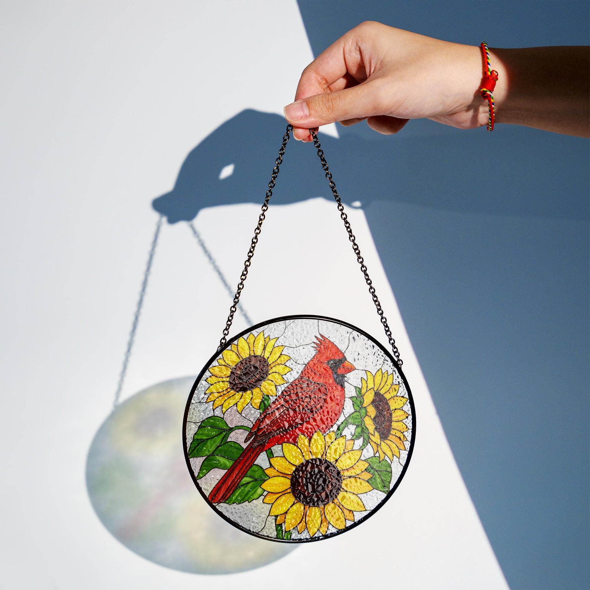 Cardinal and Sunflowers Glass Suncatcher – Vibrant Red Bird Window Hanging, Nature Glass Decor, Summer Garden Gift Idea, Gift For Mom