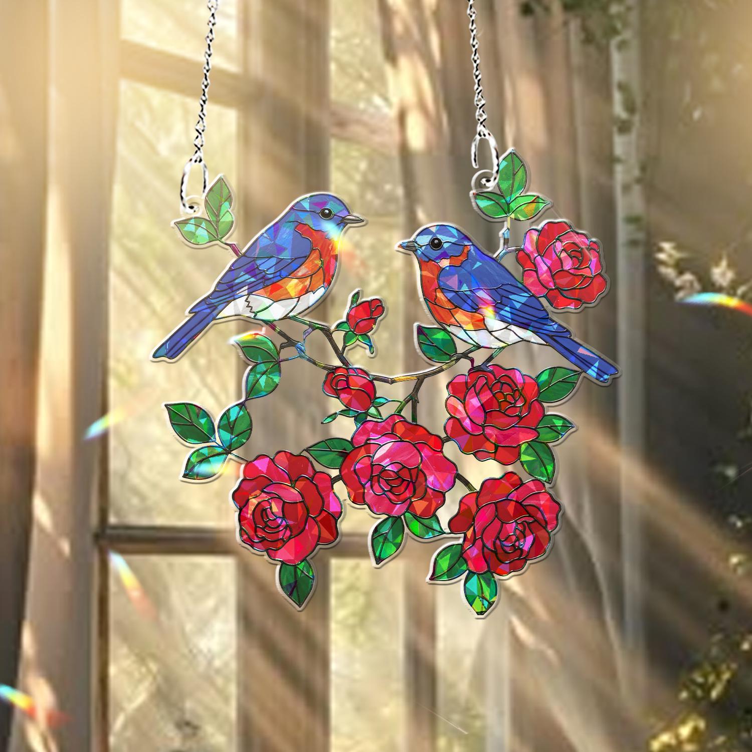 Bluebird and Roses Hologram Acrylic Window Hanging – Bird Lover Gift, Romantic Floral Home Decor, Gift For Mom, Rose Lover Gift, Bird Lover