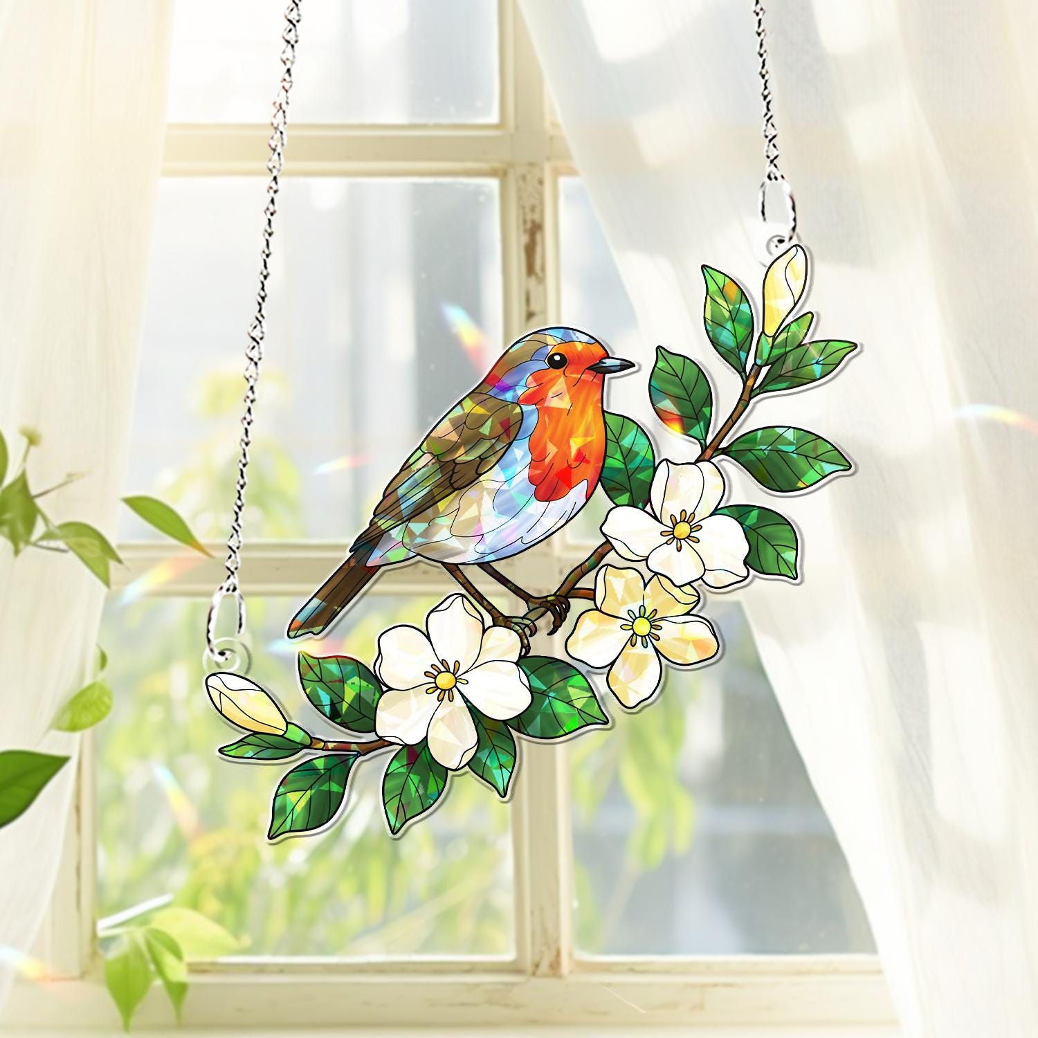 Robin Bird & Jasmine Flower Hologram Acrylic Window Hanging – Spring Decor Gift, Nature Inspired Home Accent, Gift For Mom