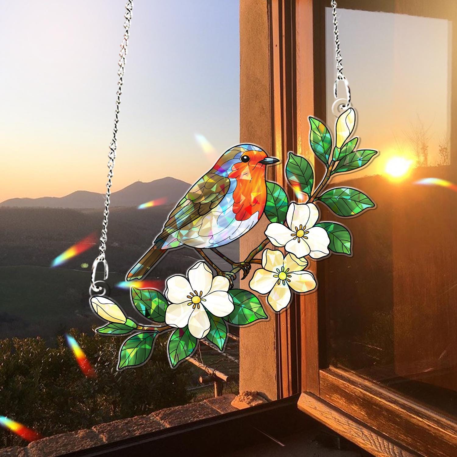 Robin Bird & Jasmine Flower Hologram Acrylic Window Hanging – Spring Decor Gift, Nature Inspired Home Accent, Gift For Mom