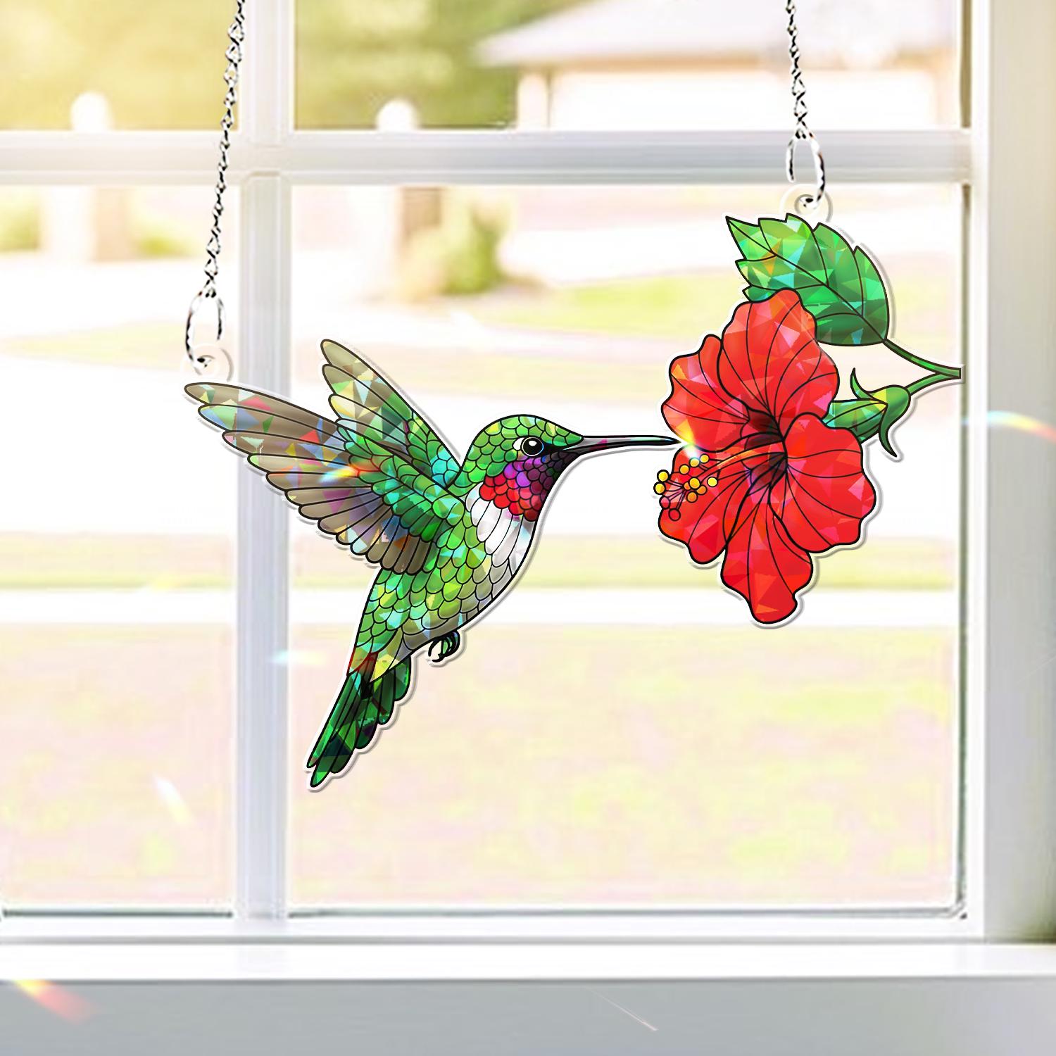 Hummingbird & Hibiscus Flower Acrylic Window Hanging – Red Hibiscus Flower Lover, Vibrant Nature Window Decor Gift, Gift For Mom, Bird Lover