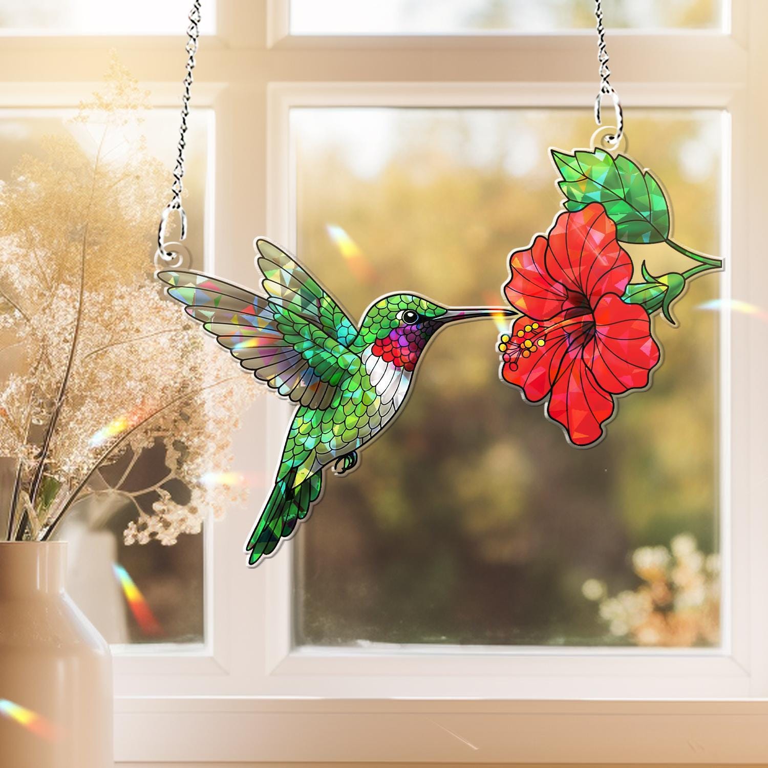 Hummingbird & Hibiscus Flower Acrylic Window Hanging – Red Hibiscus Flower Lover, Vibrant Nature Window Decor Gift, Gift For Mom, Bird Lover