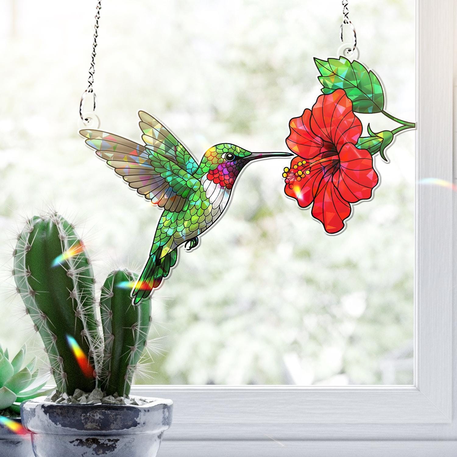 Hummingbird & Hibiscus Flower Acrylic Window Hanging – Red Hibiscus Flower Lover, Vibrant Nature Window Decor Gift, Gift For Mom, Bird Lover