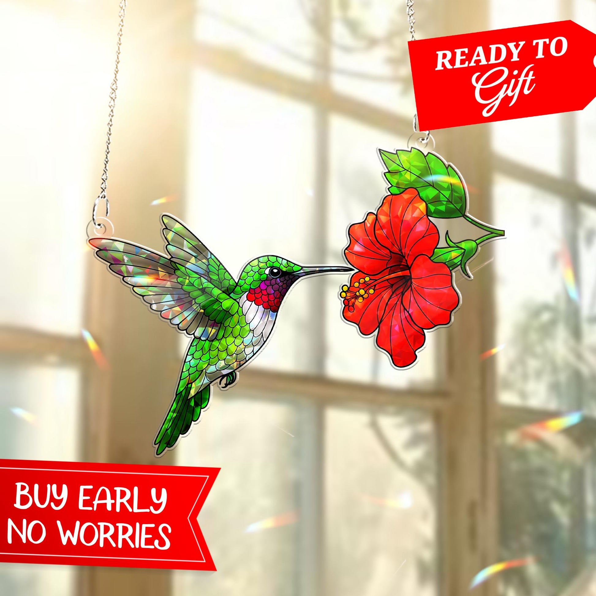 Hummingbird & Hibiscus Flower Acrylic Window Hanging – Red Hibiscus Flower Lover, Vibrant Nature Window Decor Gift, Gift For Mom, Bird Lover