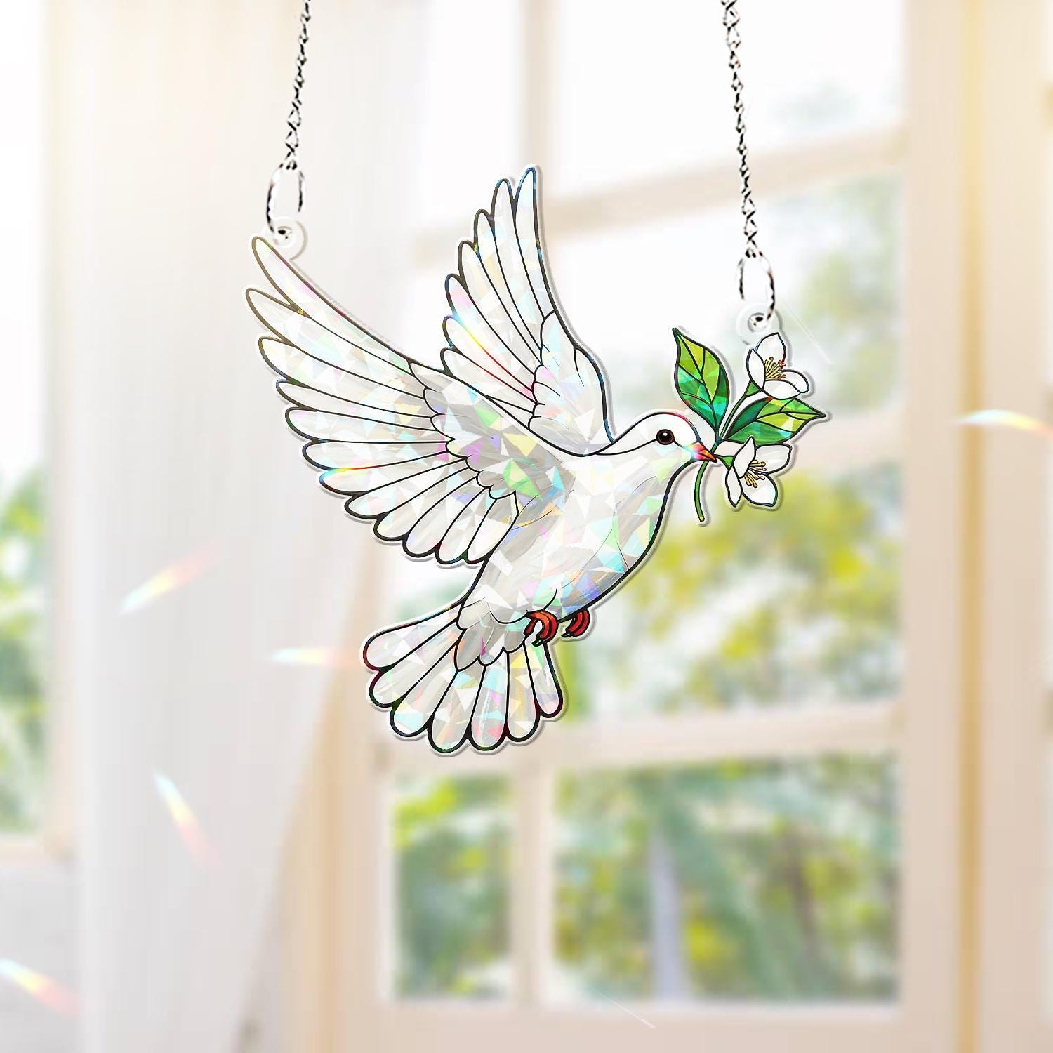 Dove & Jasmine Flower Acrylic Window Hanging – Holographic Peace Bird with Jasmine Branch, Memorial Gift, Gift For Mom, Bird Lover Gift