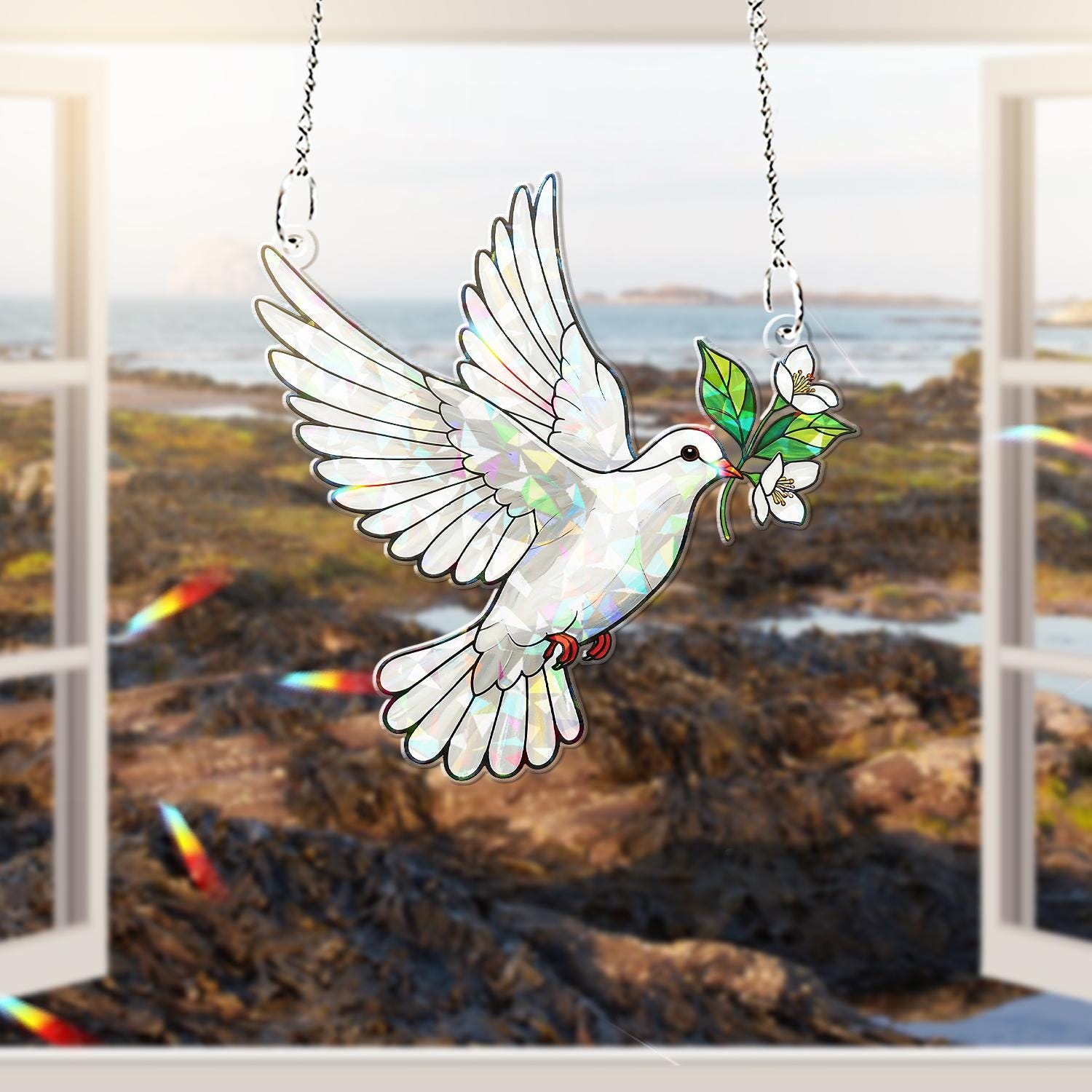 Dove & Jasmine Flower Acrylic Window Hanging – Holographic Peace Bird with Jasmine Branch, Memorial Gift, Gift For Mom, Bird Lover Gift