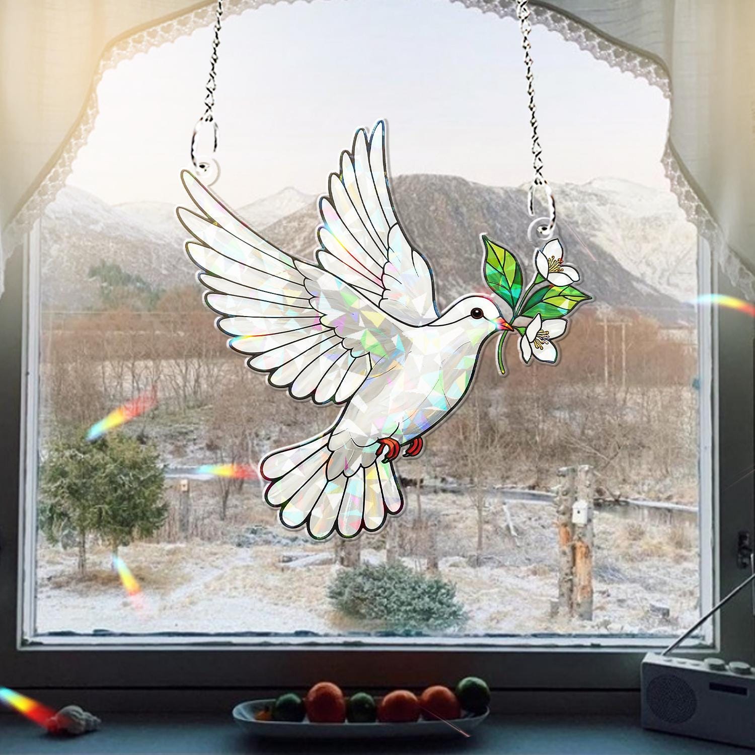 Dove & Jasmine Flower Acrylic Window Hanging – Holographic Peace Bird with Jasmine Branch, Memorial Gift, Gift For Mom, Bird Lover Gift