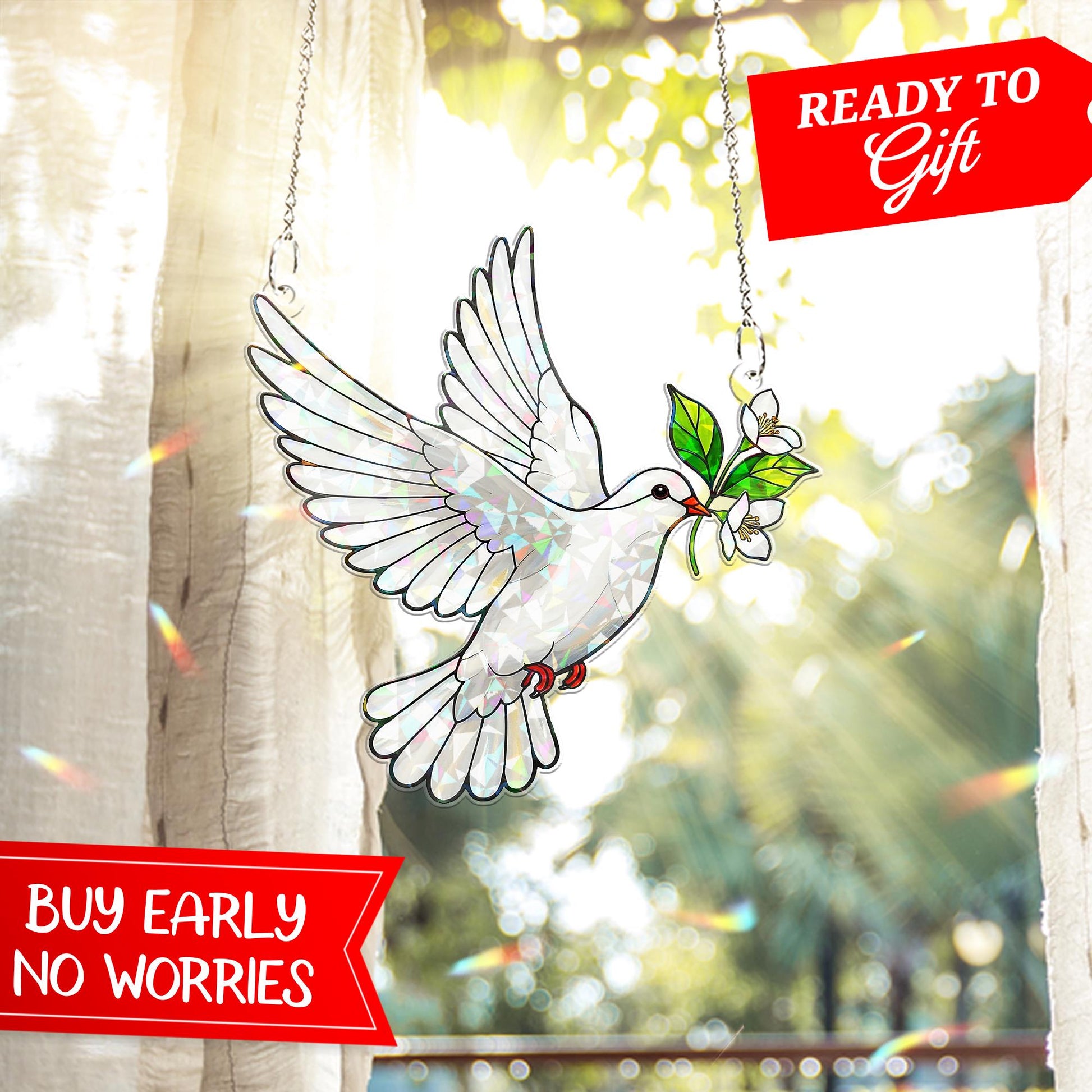 Dove & Jasmine Flower Acrylic Window Hanging – Holographic Peace Bird with Jasmine Branch, Memorial Gift, Gift For Mom, Bird Lover Gift