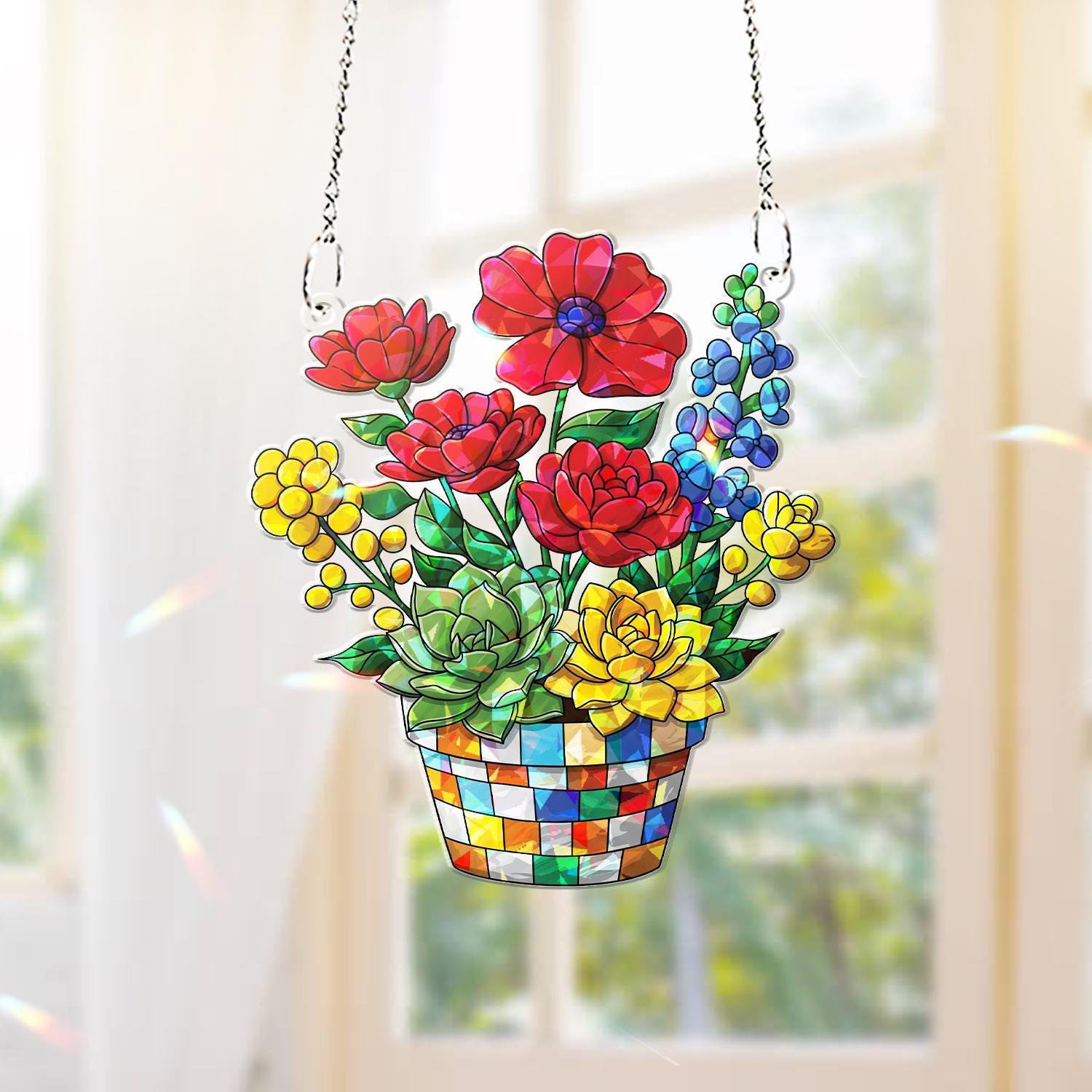 Colorful Floral Basket Hologram Acrylic Window Hanging – Spring Decor, Garden Lover Gift, Home Window Charm, Gift For Mom