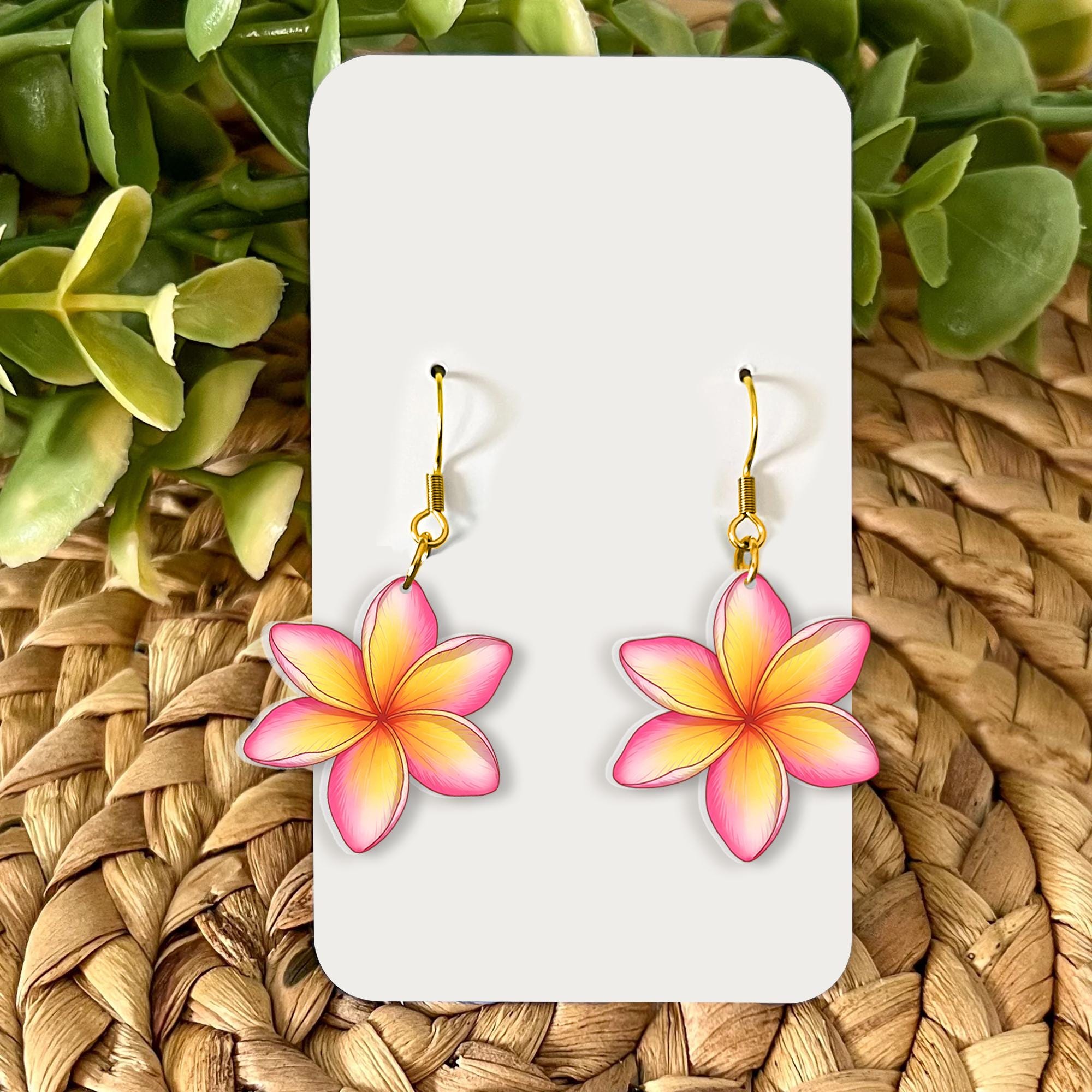 Plumeria Flower Earrings, Tropical Floral Jewelry, Boho Beach Earrings, Island Earrings, Hawaiian Flower Gift, Gift For Her / Mom / Grandma