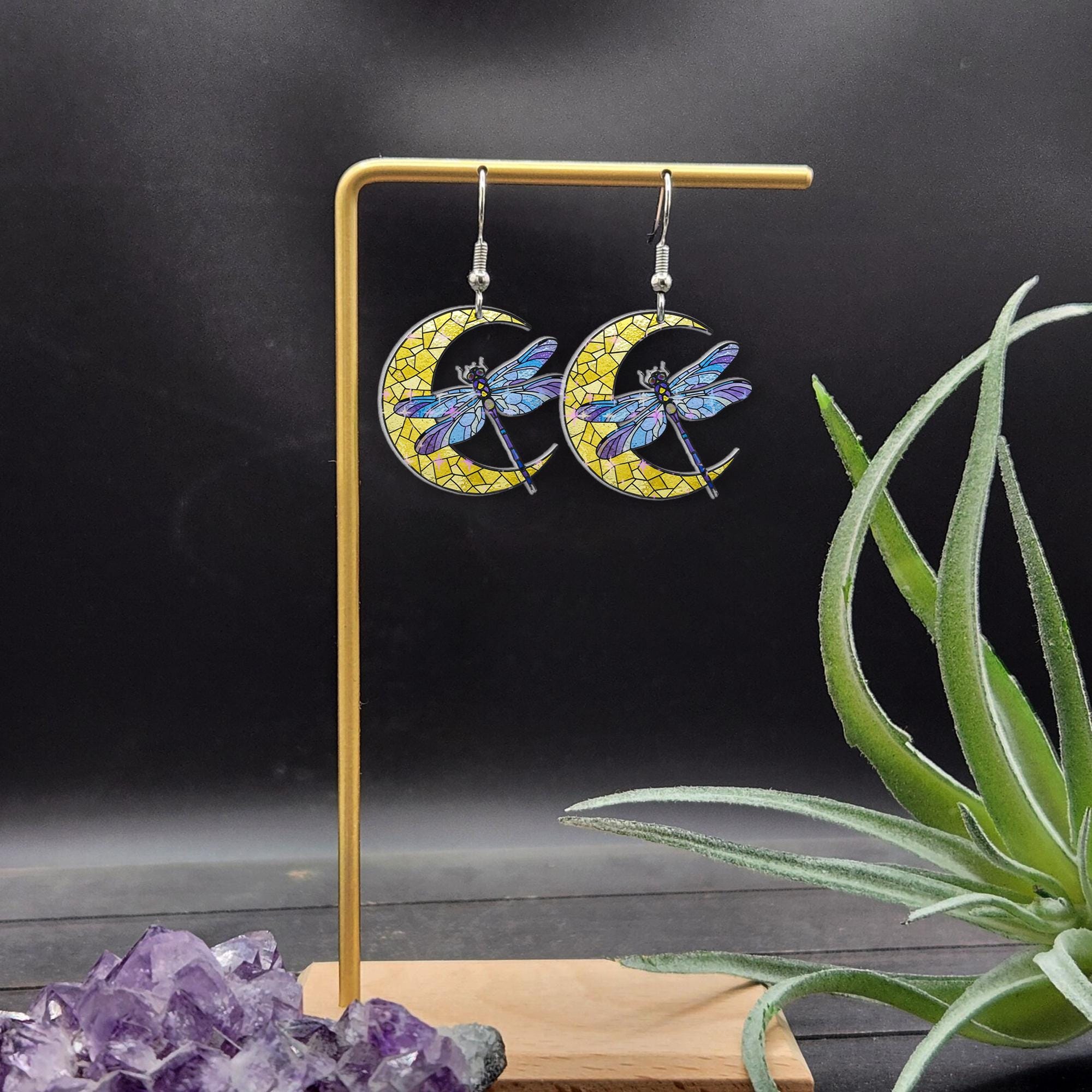 Dragonfly Crescent Moon Earrings, Boho Nature Jewelry, Celestial Dangle Earrings, Mystical Gift, Lunar-Inspired Jewelry, Gift For Her/ Mom
