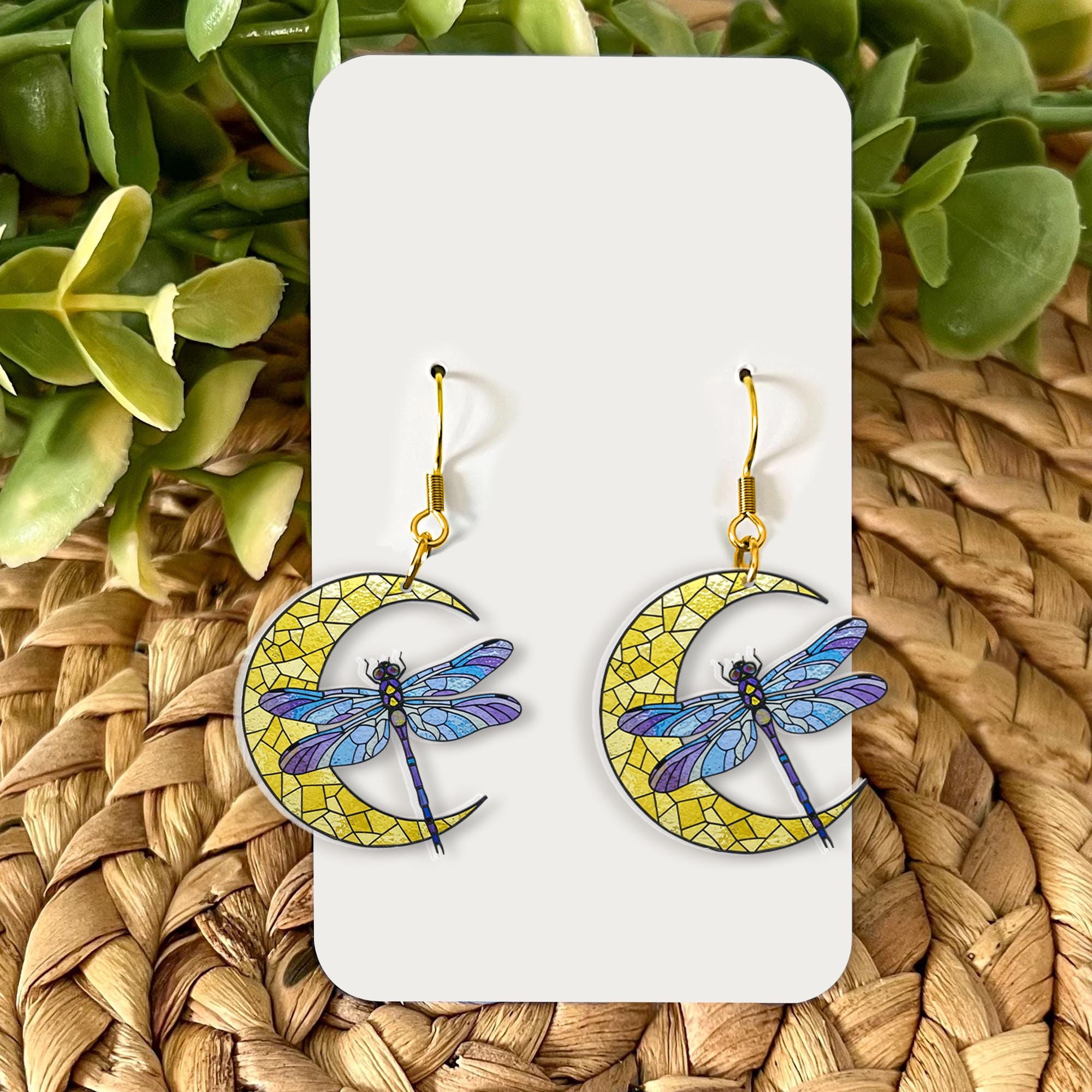 Dragonfly Crescent Moon Earrings, Boho Nature Jewelry, Celestial Dangle Earrings, Mystical Gift, Lunar-Inspired Jewelry, Gift For Her/ Mom