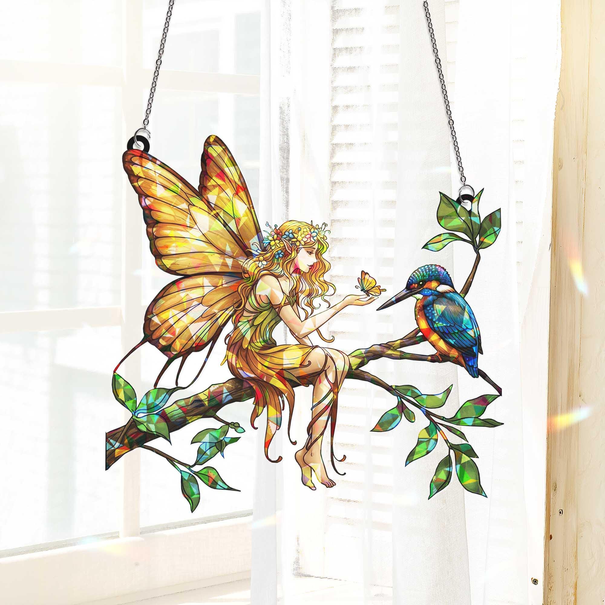 Fairy and Bird Hologram Window Hanging, Fantasy Suncatcher Decor, Fairy Art, Whimsical Woodland Gift