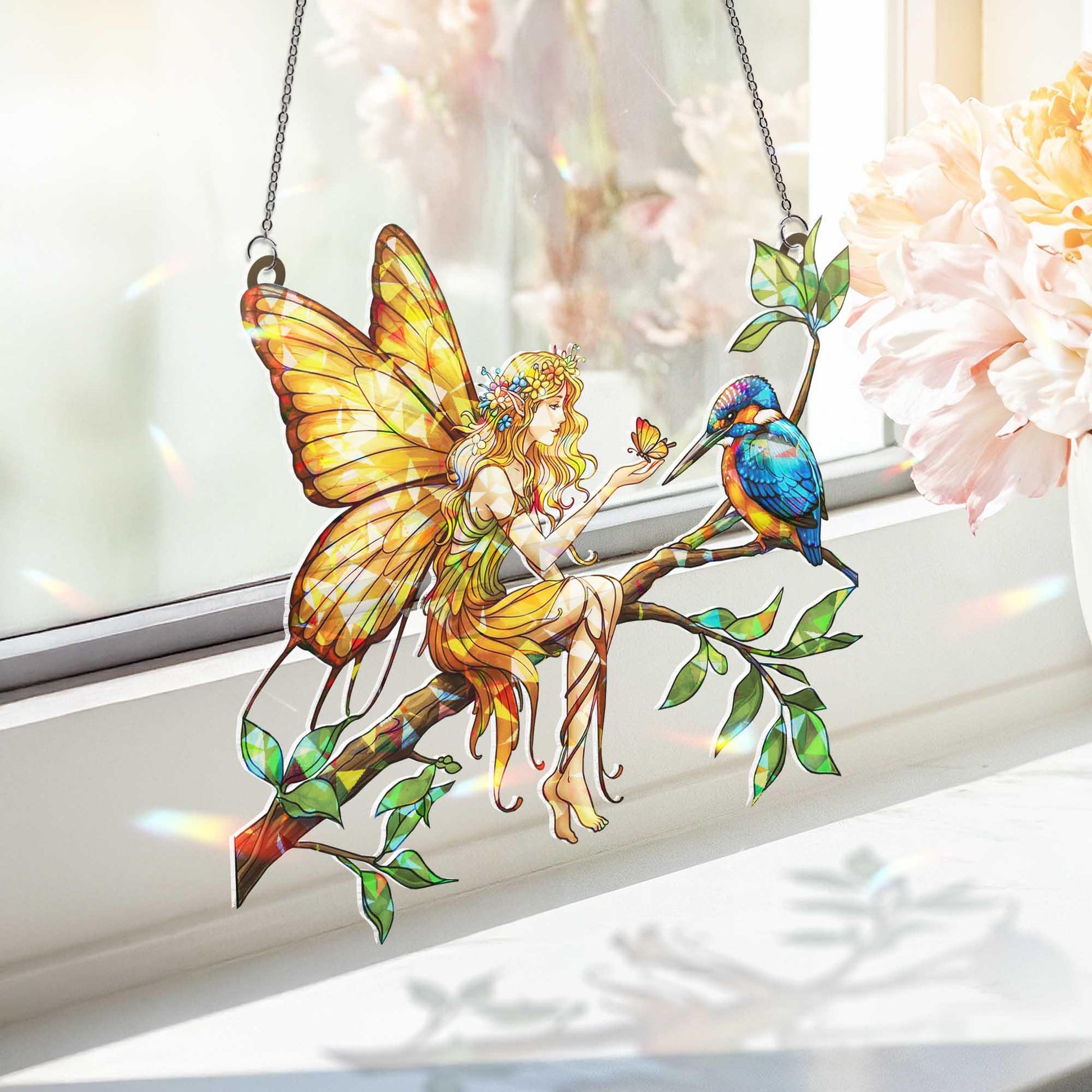 Fairy and Bird Hologram Window Hanging, Fantasy Suncatcher Decor, Fairy Art, Whimsical Woodland Gift