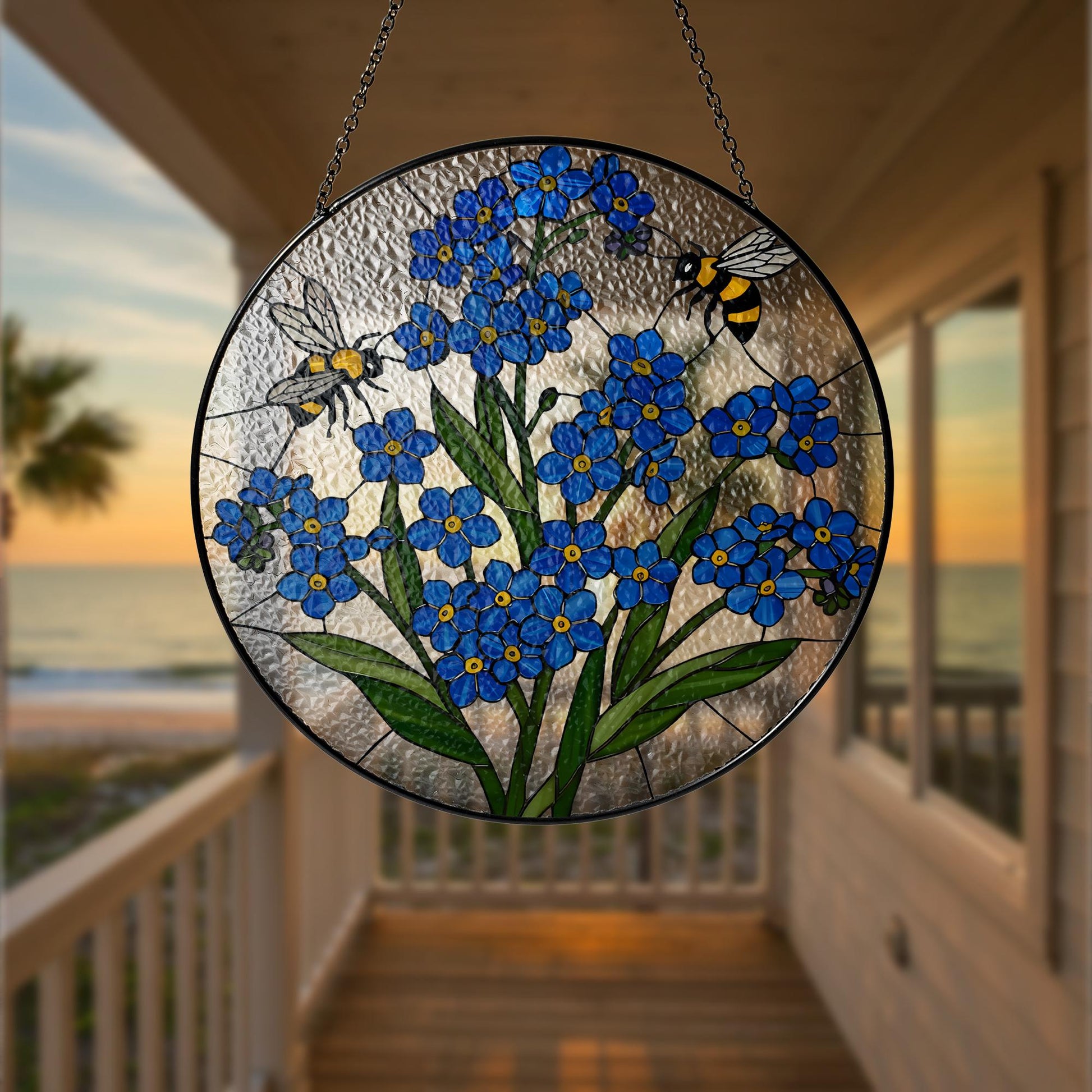 Bee and Forget Me Not Glass Suncatcher, Blue Floral Window Hanging, Stained Glass Style Decor, Garden Lover Gift, Bee Art Panel,Flower Decor