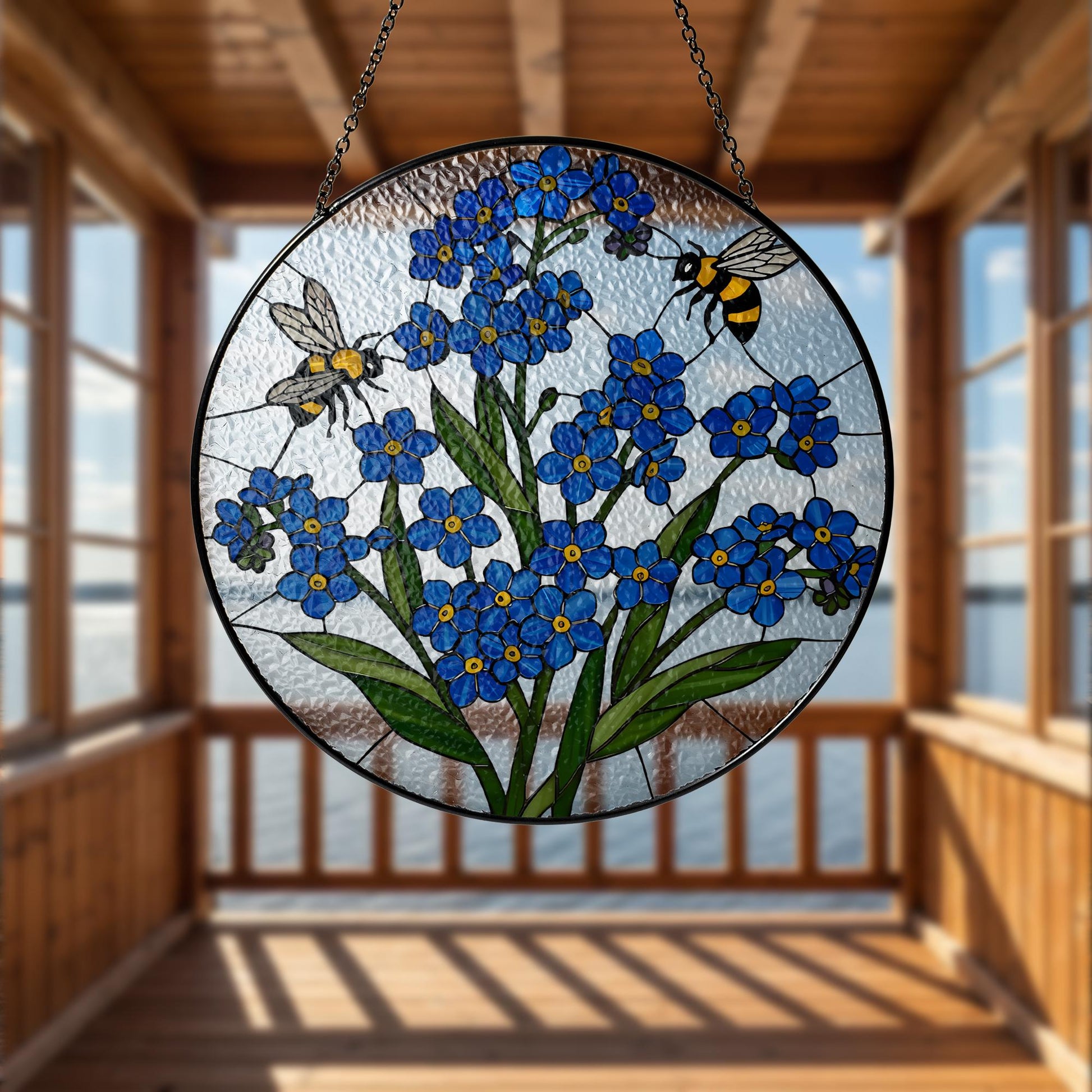 Bee and Forget Me Not Glass Suncatcher, Blue Floral Window Hanging, Stained Glass Style Decor, Garden Lover Gift, Bee Art Panel,Flower Decor