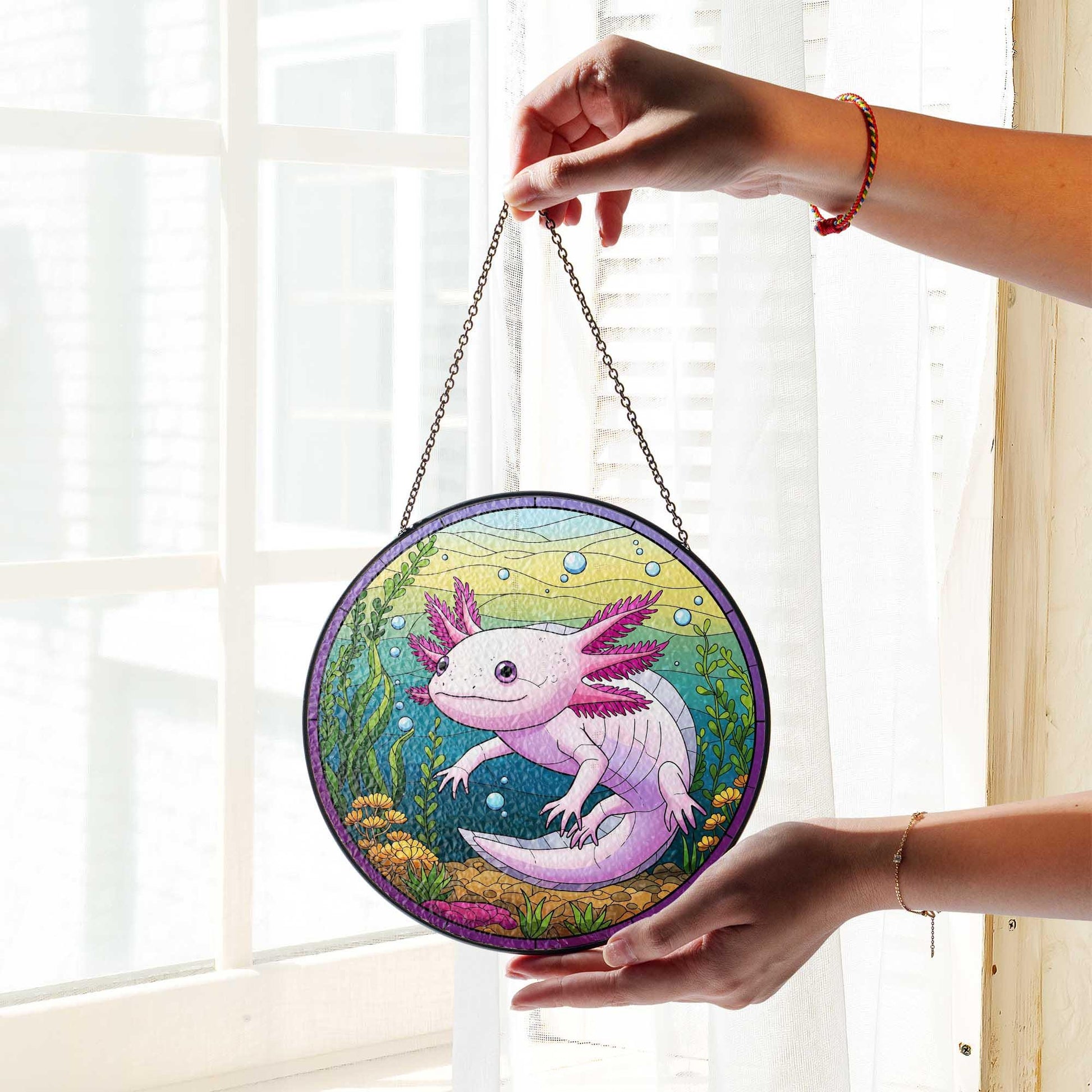 Cute Axolotl Glass Suncatcher, Aquatic Window Hanging, Stained Glass Style Amphibian Decor, Unique Gift for Animal Lovers