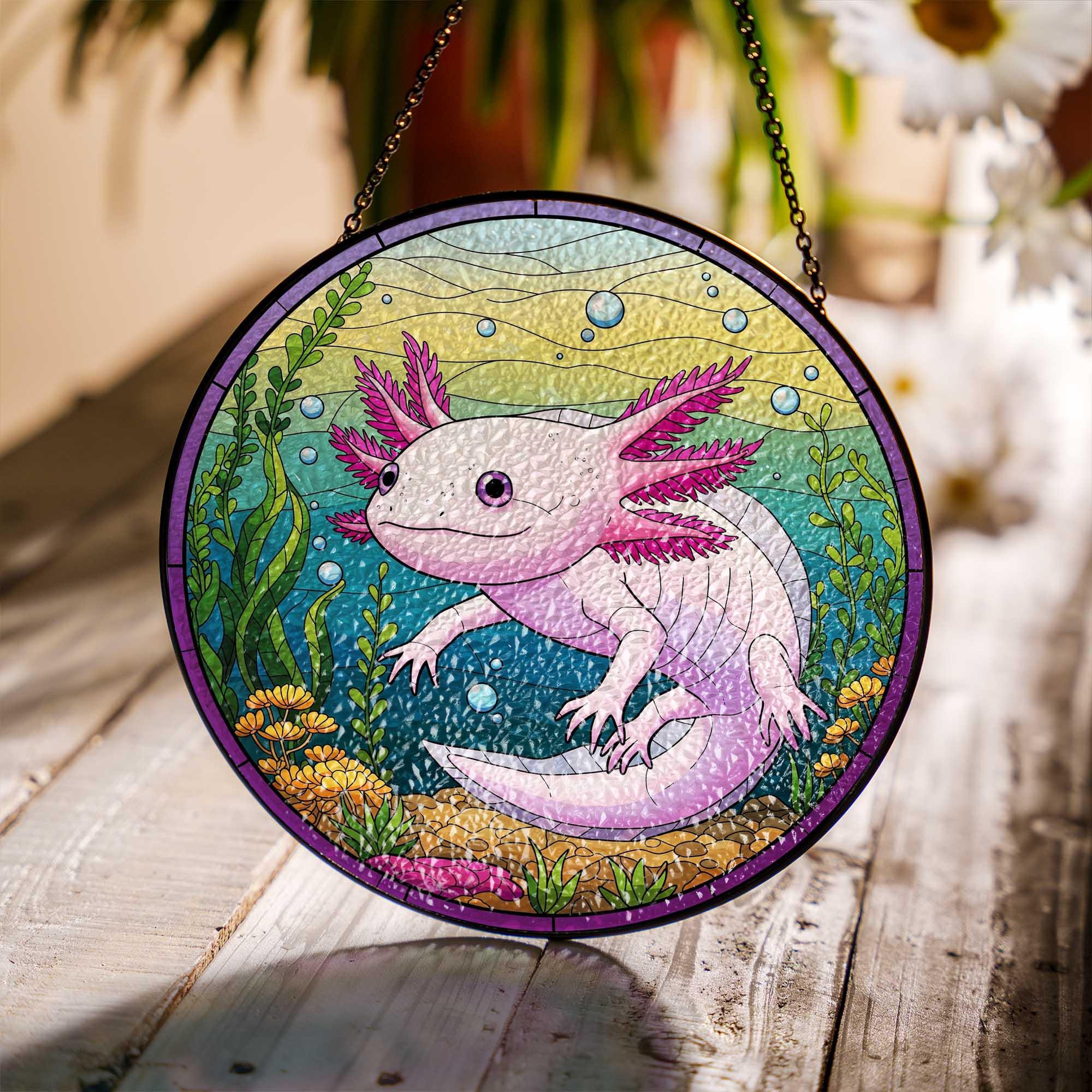 Cute Axolotl Glass Suncatcher, Aquatic Window Hanging, Stained Glass Style Amphibian Decor, Unique Gift for Animal Lovers