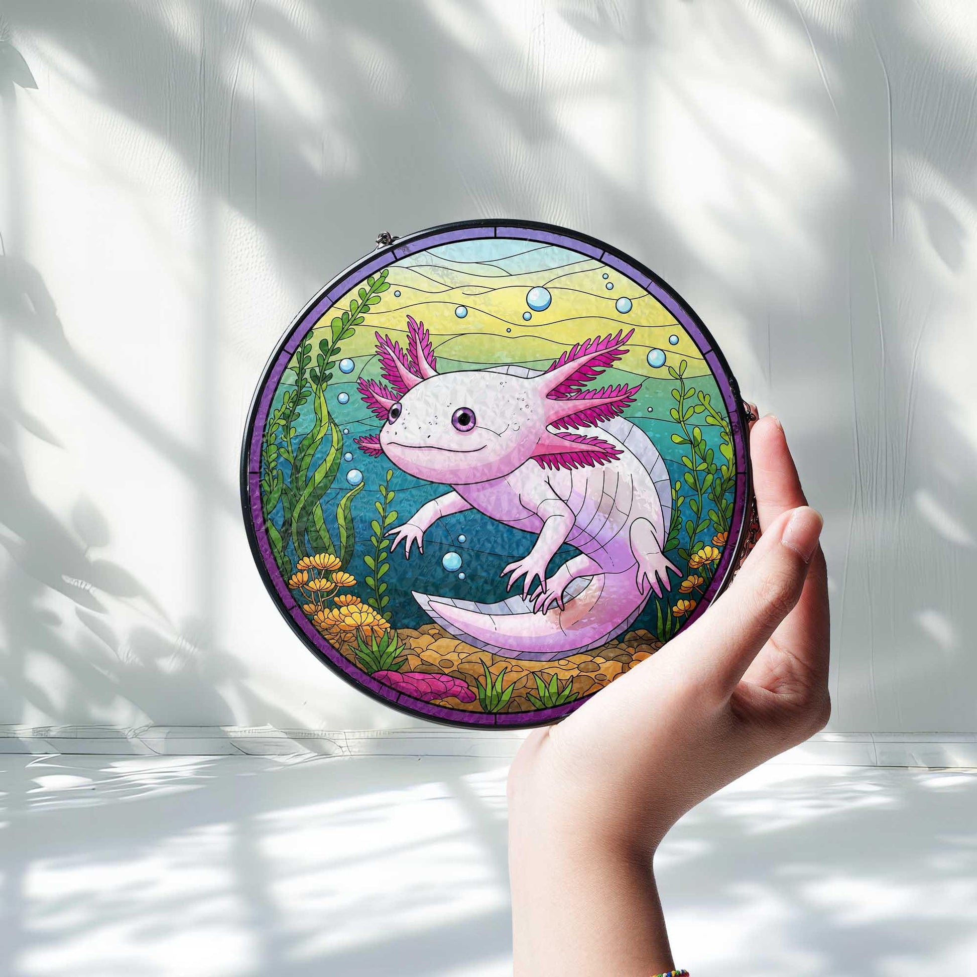 Cute Axolotl Glass Suncatcher, Aquatic Window Hanging, Stained Glass Style Amphibian Decor, Unique Gift for Animal Lovers