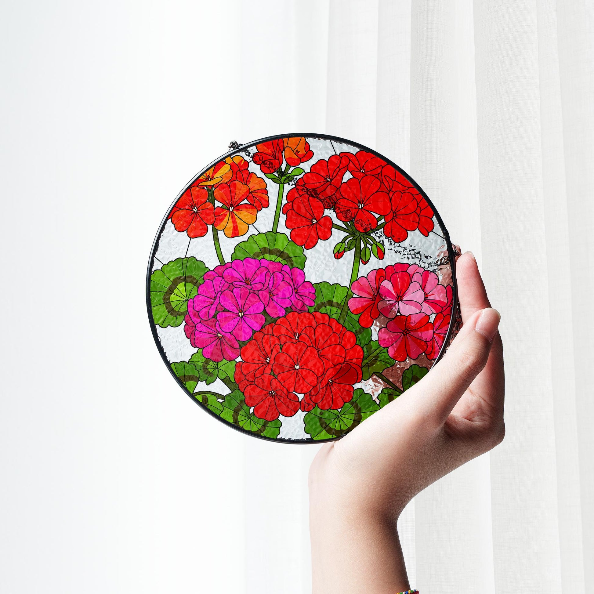 Geranium Flowers Glass Suncatcher, Round Floral Window Hanging, Vibrant Red Pink Orange Home Decor, Flower Lover Gift