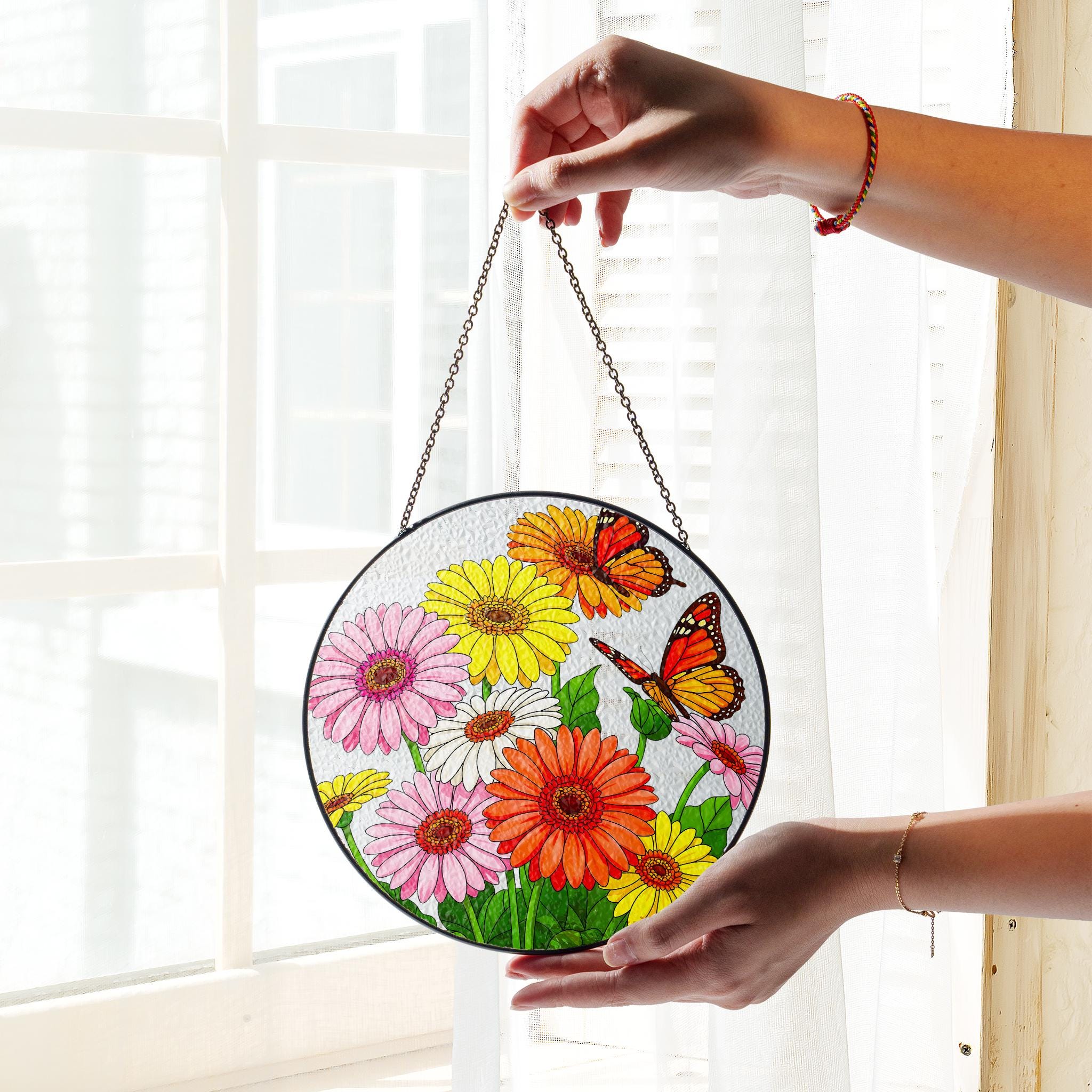 Colorful Gerber Daisy & Butterfly Glass Suncatcher, Round Window Hanging, Garden Mom Gift, Spring Home Decor, Gift for Her
