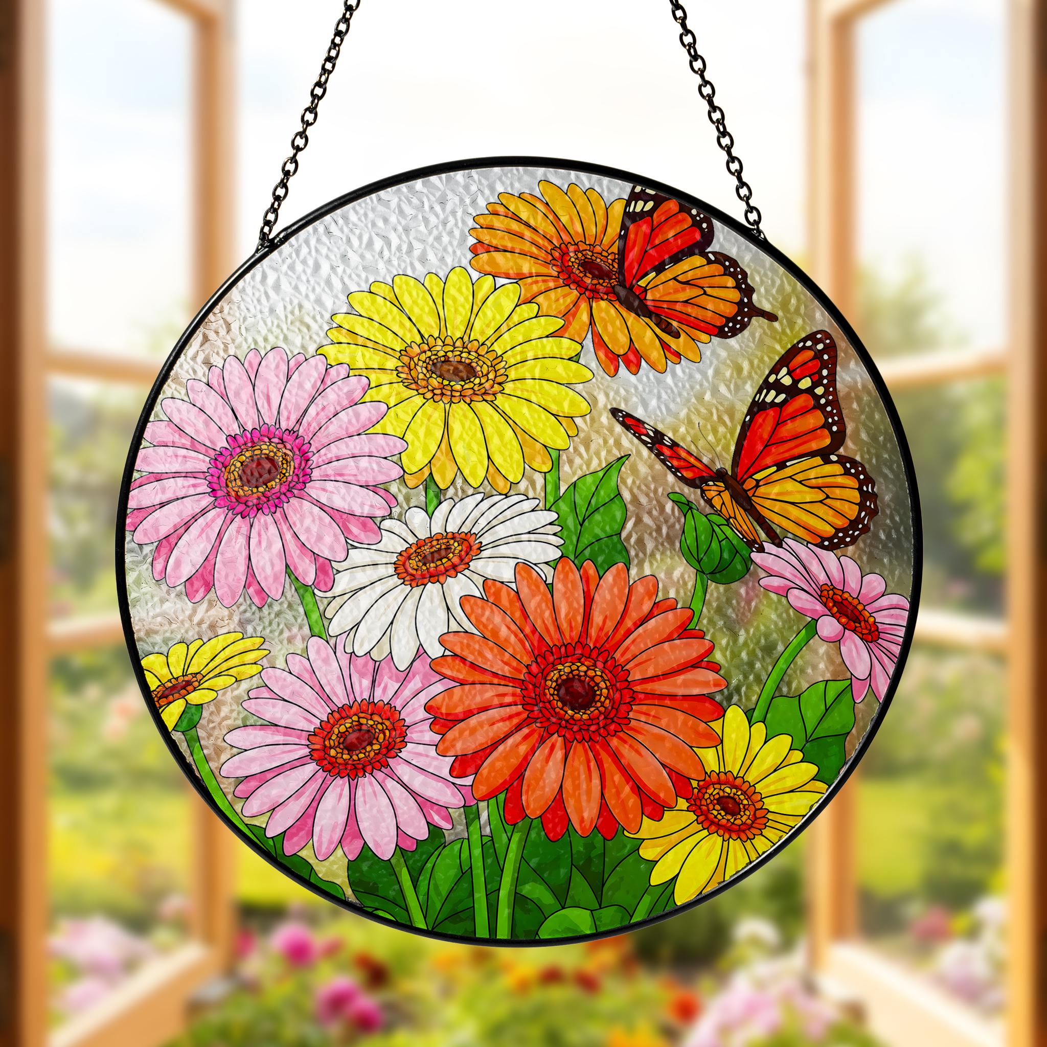 Colorful Gerber Daisy & Butterfly Glass Suncatcher, Round Window Hanging, Garden Mom Gift, Spring Home Decor, Gift for Her