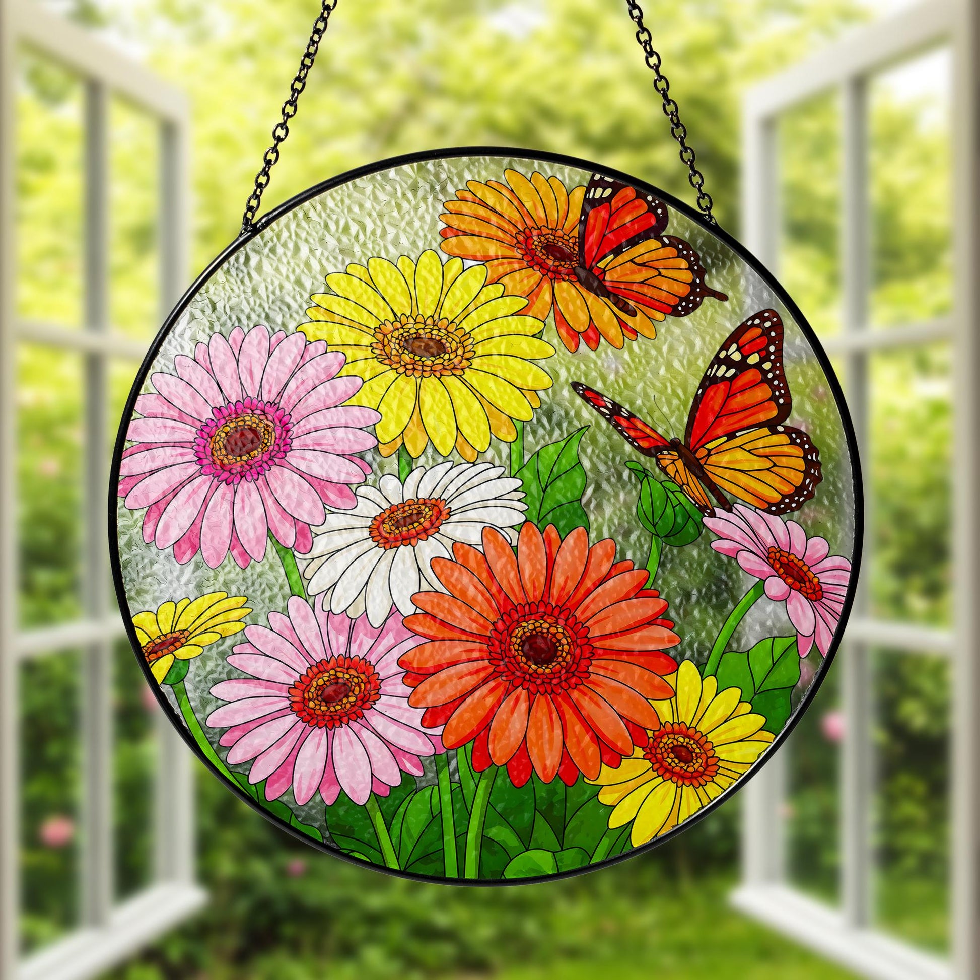 Colorful Gerber Daisy & Butterfly Glass Suncatcher, Round Window Hanging, Garden Mom Gift, Spring Home Decor, Gift for Her