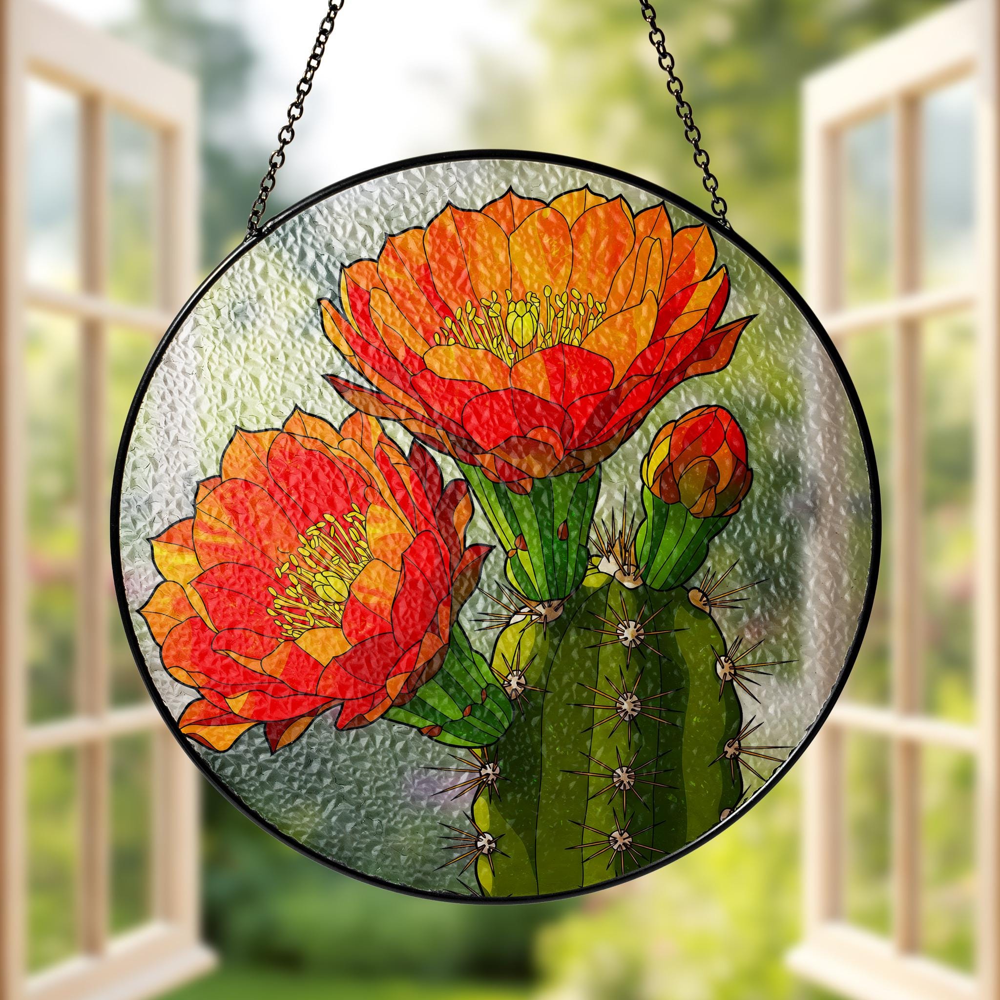 Saguaro Cactus Flower Glass Suncatcher, Round Window Hanging, Vibrant Desert Bloom Art, Botanical Home Decor, Nature Lover Gift