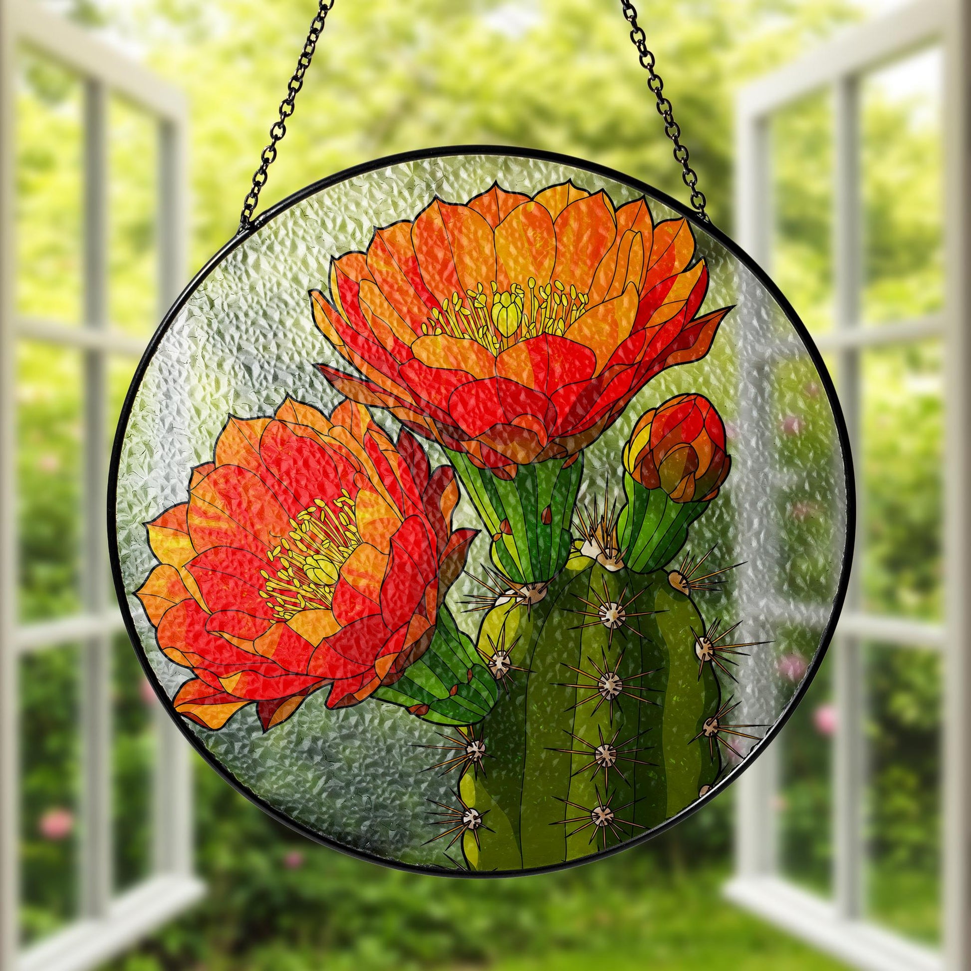 Saguaro Cactus Flower Glass Suncatcher, Round Window Hanging, Vibrant Desert Bloom Art, Botanical Home Decor, Nature Lover Gift