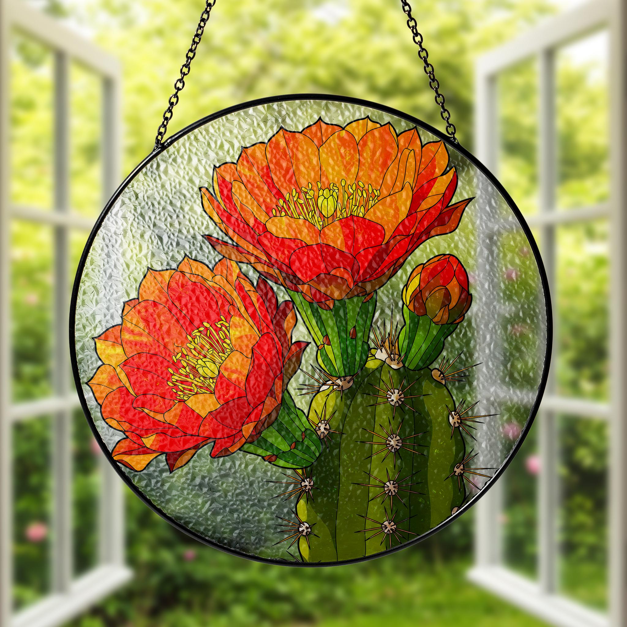 Saguaro Cactus Flower Glass Suncatcher, Round Window Hanging, Vibrant Desert Bloom Art, Botanical Home Decor, Nature Lover Gift