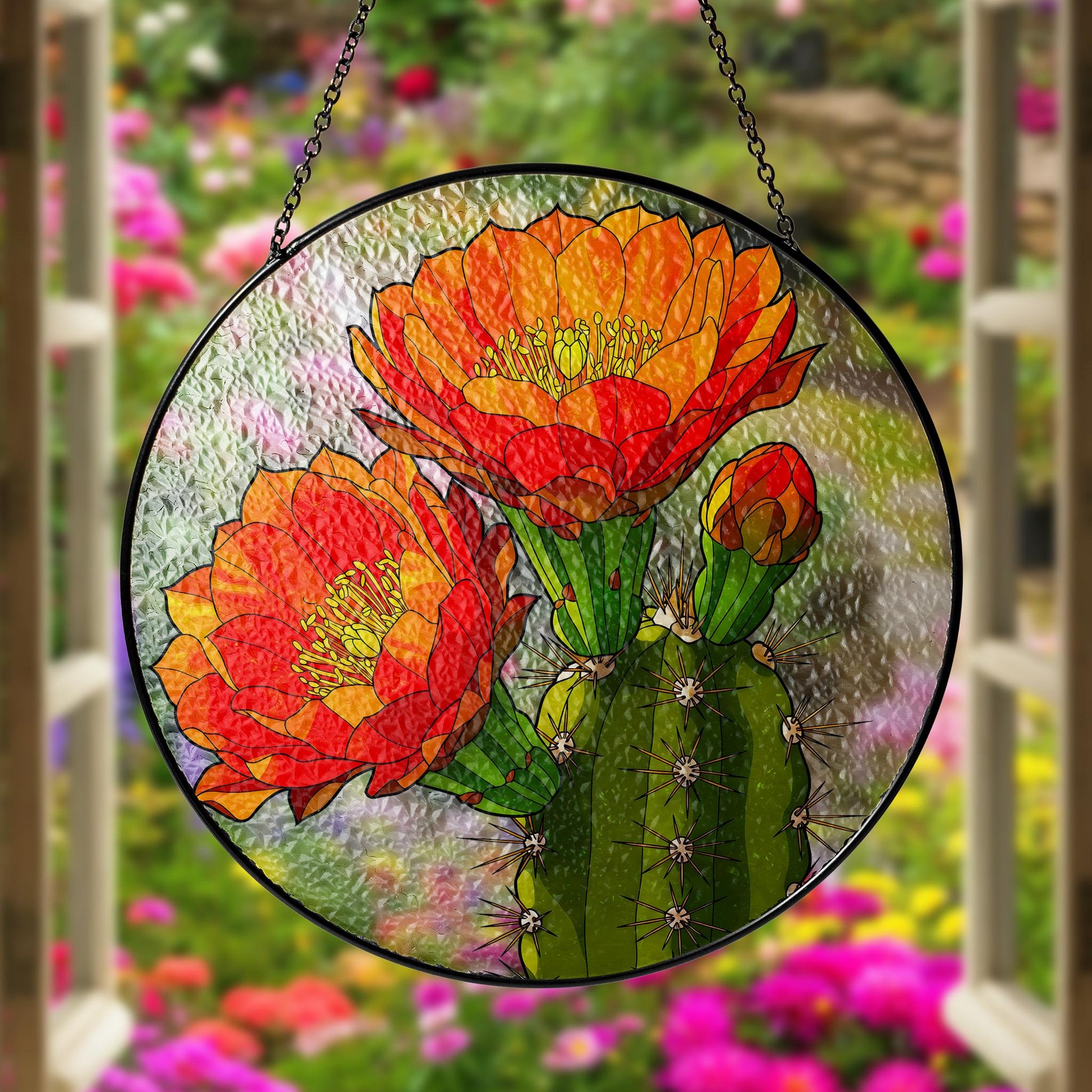 Saguaro Cactus Flower Glass Suncatcher, Round Window Hanging, Vibrant Desert Bloom Art, Botanical Home Decor, Nature Lover Gift