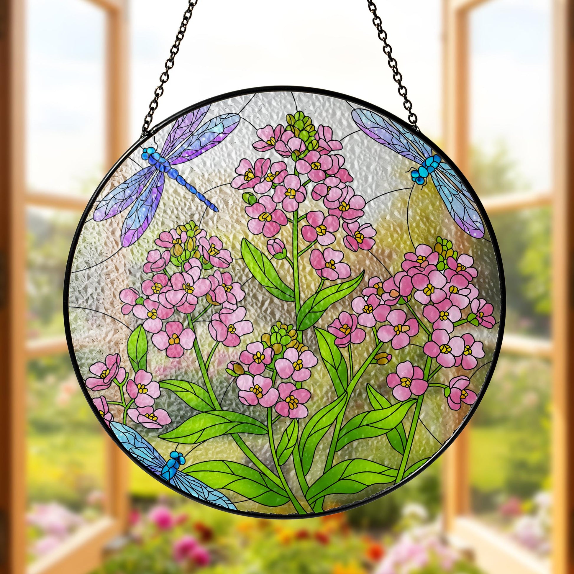 Dragonfly & Sweet Alyssum Glass Suncatcher, Round Pink Floral Window Hanging, Nature Inspired Art, Handcrafted Home Decor Gift