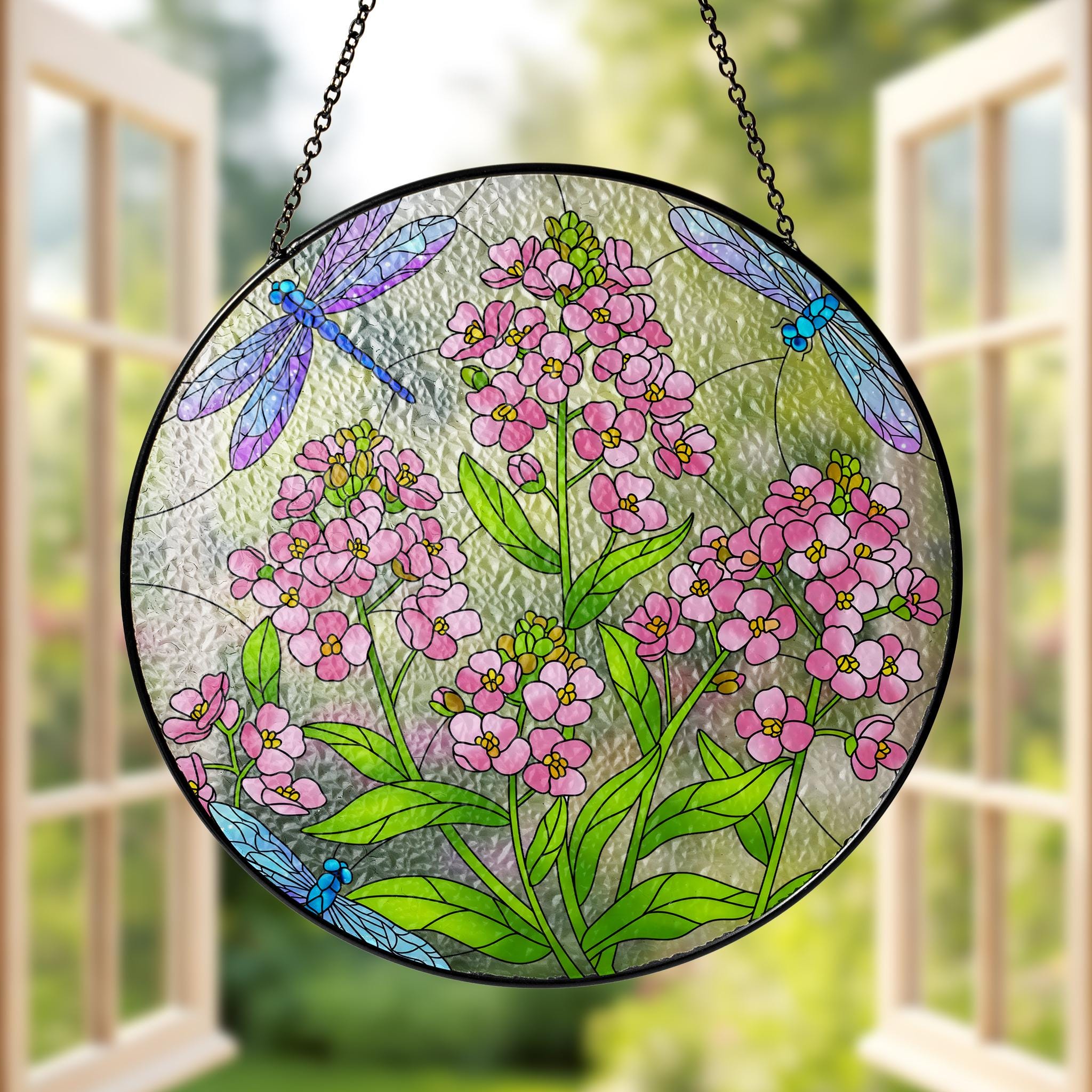 Dragonfly & Sweet Alyssum Glass Suncatcher, Round Pink Floral Window Hanging, Nature Inspired Art, Handcrafted Home Decor Gift