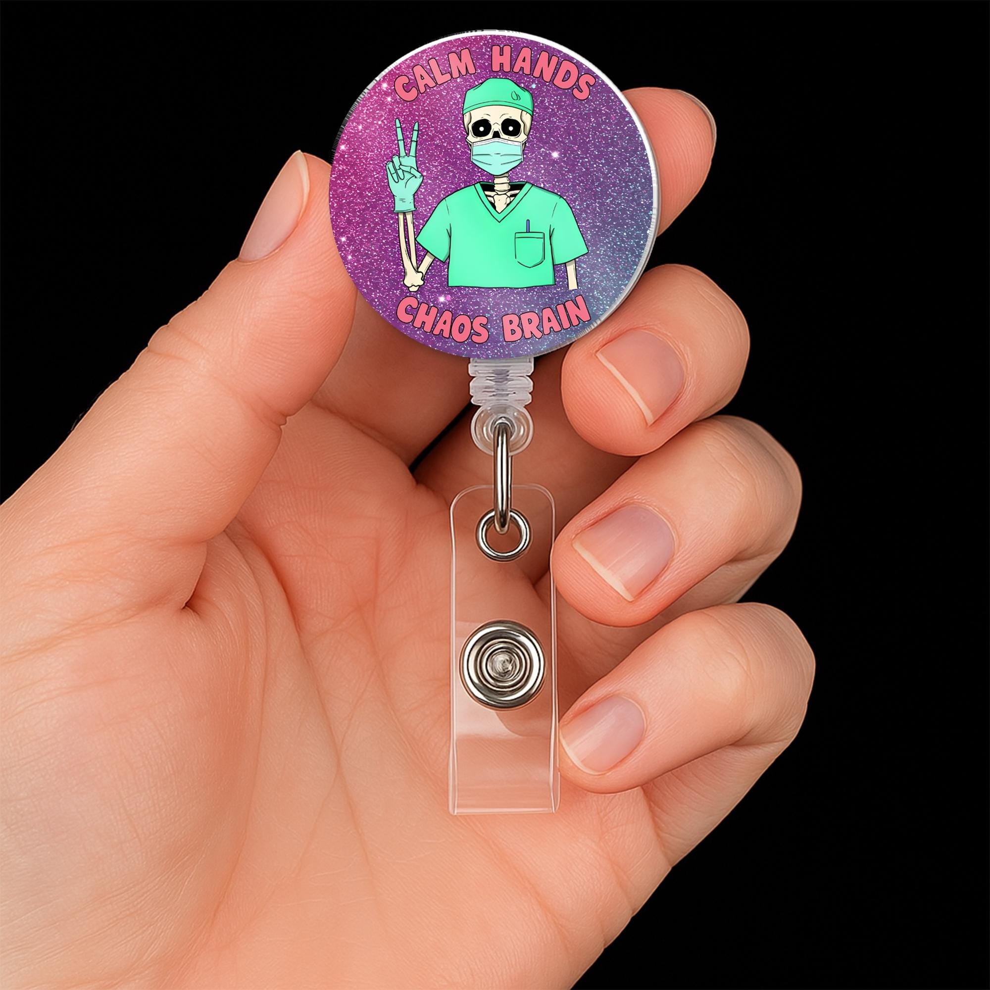 Funny Skeleton Nurse Badge Reel –Calm Hands Chaos Brain ID Holder, CNA RN Surgeon Gift, Nursing Assistant Badge Clip, Medical Work Accessory
