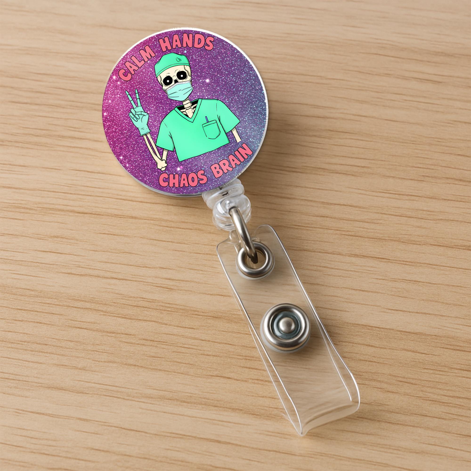 Funny Skeleton Nurse Badge Reel –Calm Hands Chaos Brain ID Holder, CNA RN Surgeon Gift, Nursing Assistant Badge Clip, Medical Work Accessory