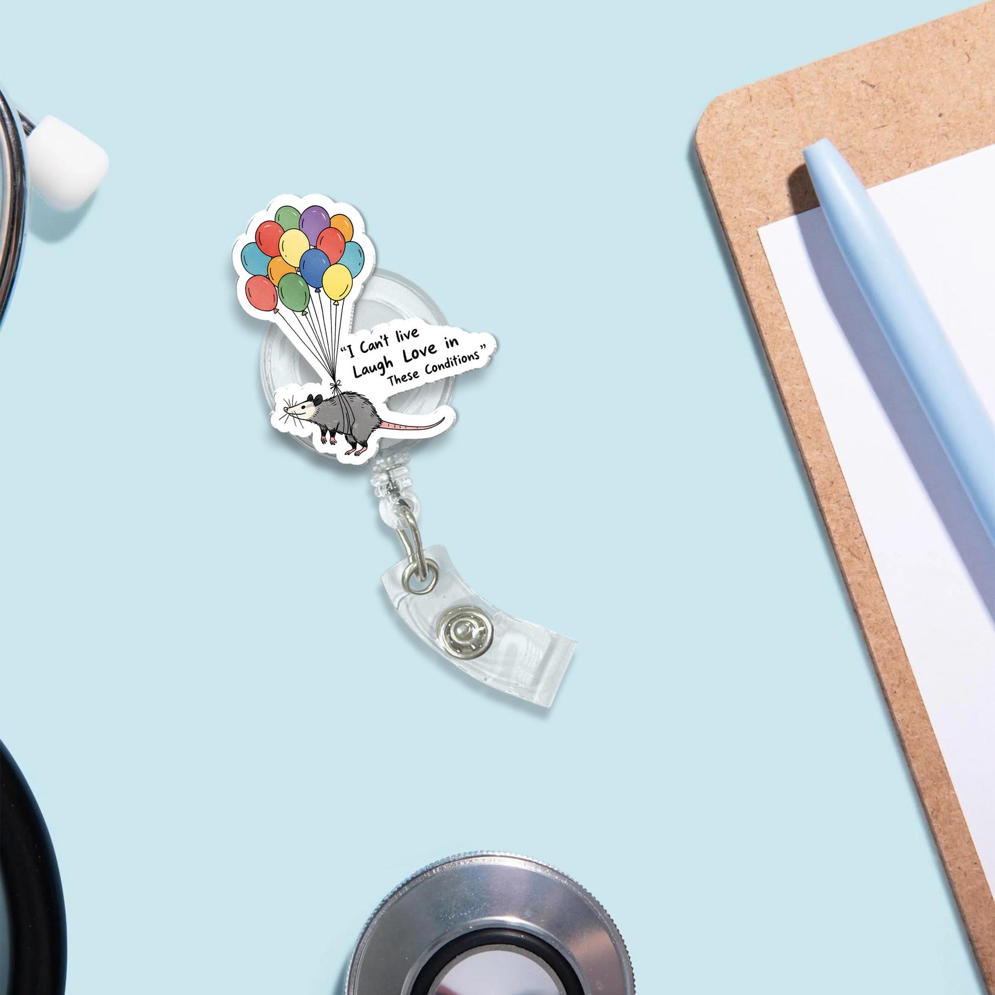 Funny Opossum Badge Reel – “I Can’t Live Laugh Love” ID Holder Badge Reel, Anxiety Stress Humor Badge Clip Nurse Gift, Work Humor Accessory