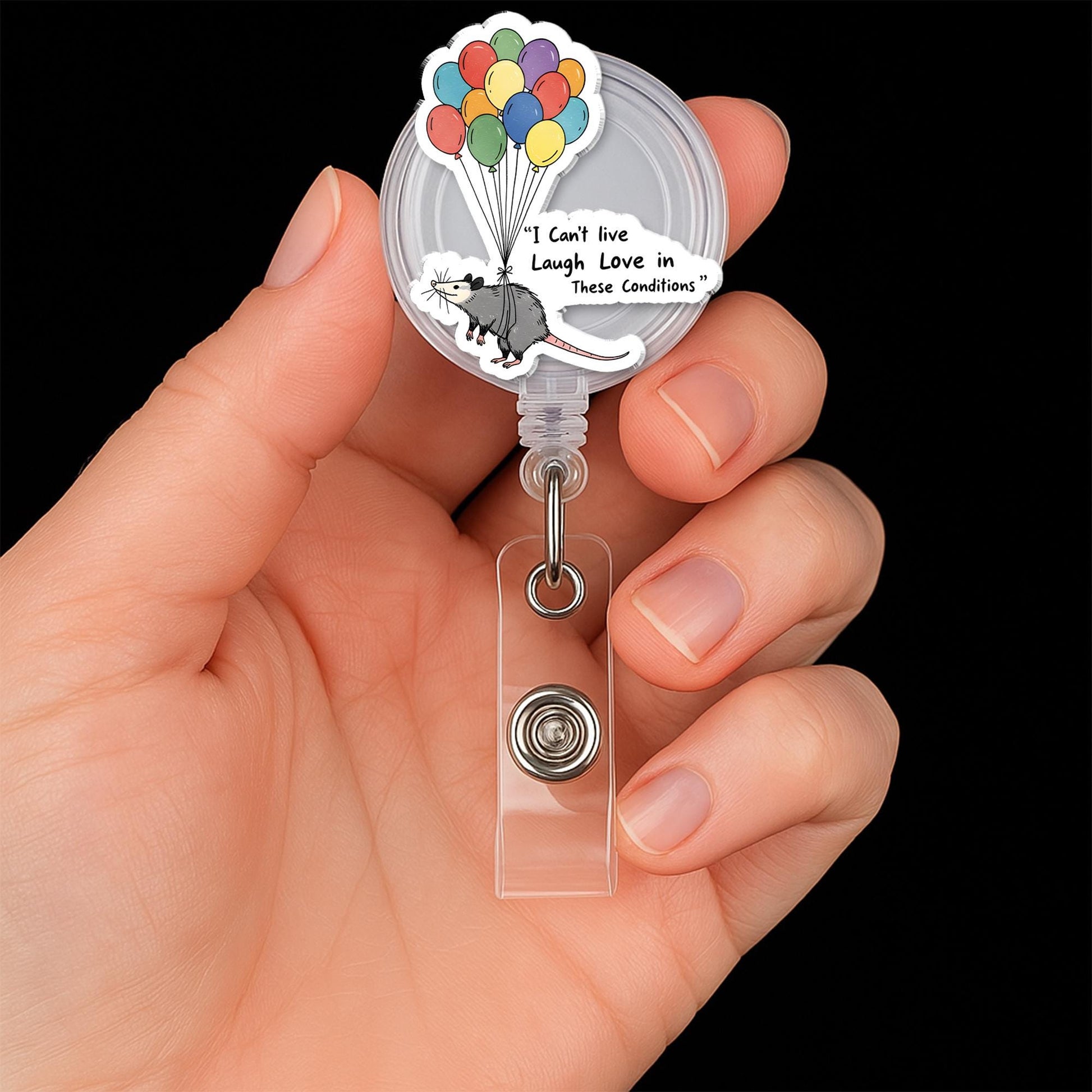 Funny Opossum Badge Reel – “I Can’t Live Laugh Love” ID Holder Badge Reel, Anxiety Stress Humor Badge Clip Nurse Gift, Work Humor Accessory