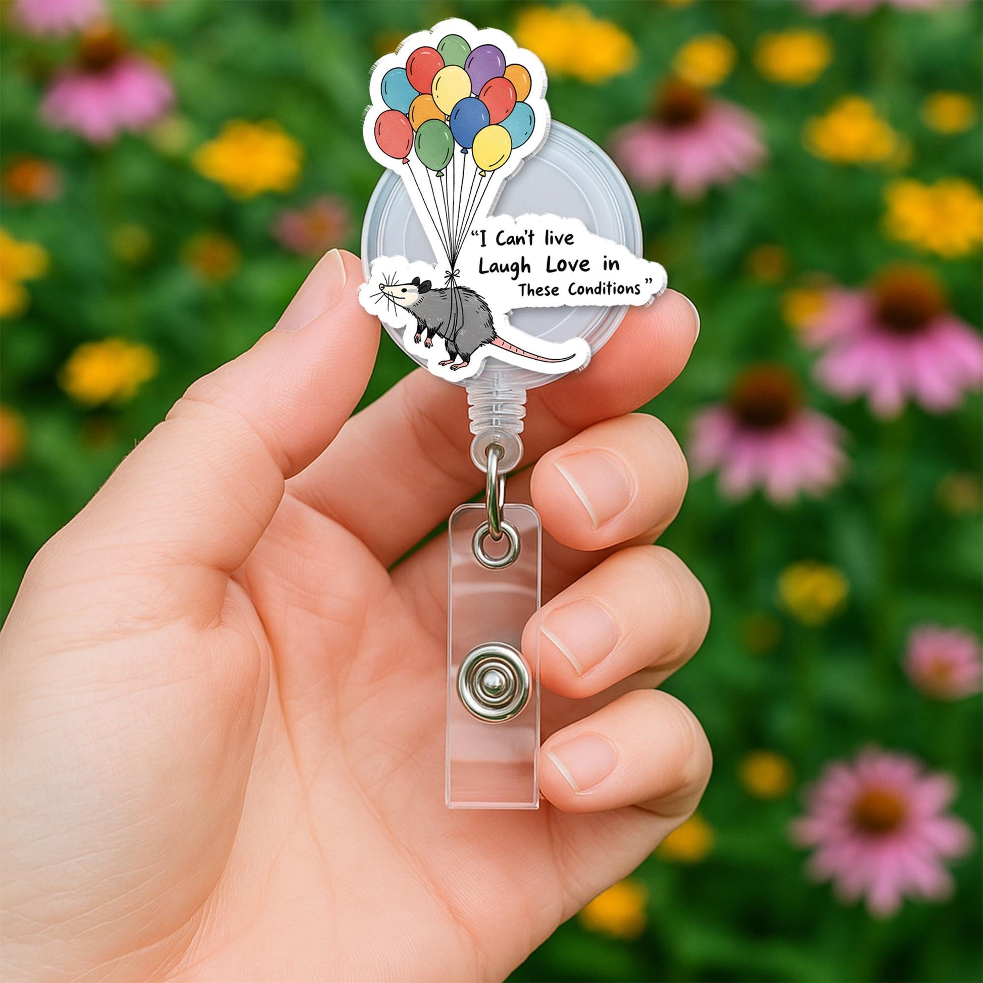 Funny Opossum Badge Reel – “I Can’t Live Laugh Love” ID Holder Badge Reel, Anxiety Stress Humor Badge Clip Nurse Gift, Work Humor Accessory